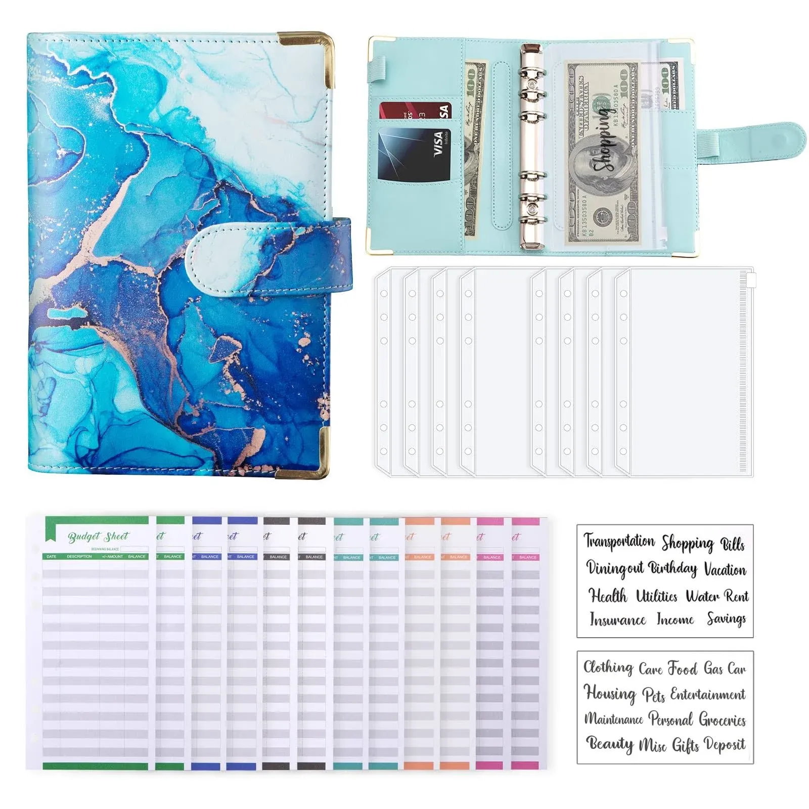 Budget Binder A6 Marble PU Leather Binder Money OrganizeColor: Blue