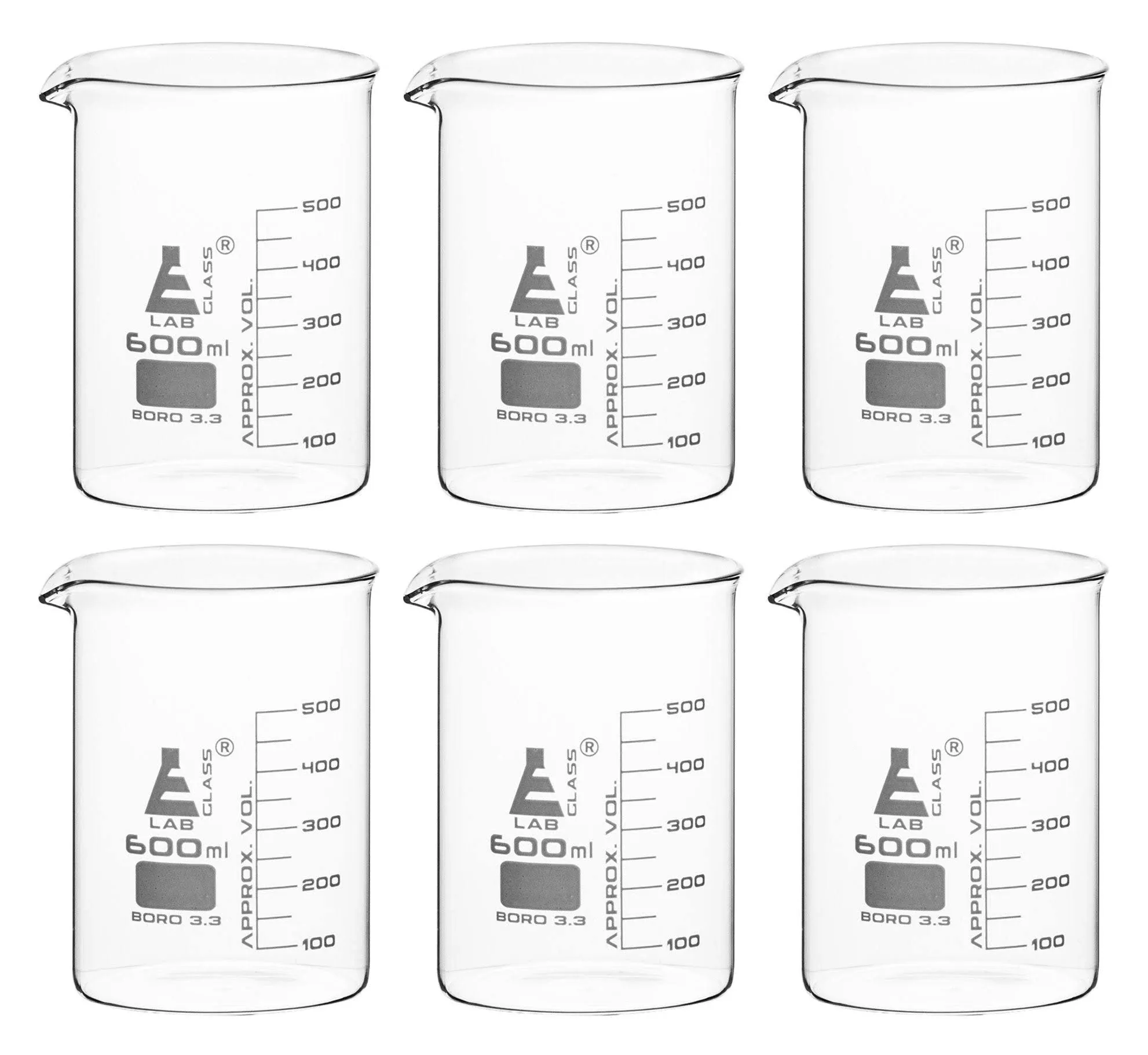 6PK Beakers, 600ml - Low Form - 50ml Graduations - Borosilicate Glass