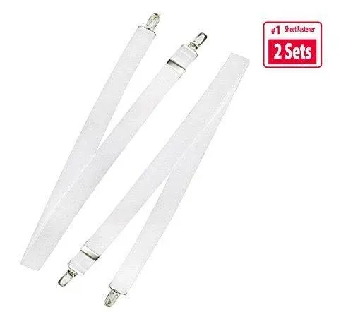 Hold’Em Bed Sheet Fastener Suspenders - Heavy Duty USA Made, Adjustable,Straight or Crisscross Keep Sheet SNUG Without Slipping Sheet Strap Holder Clips-2 pc. Adjustable White 2 Set