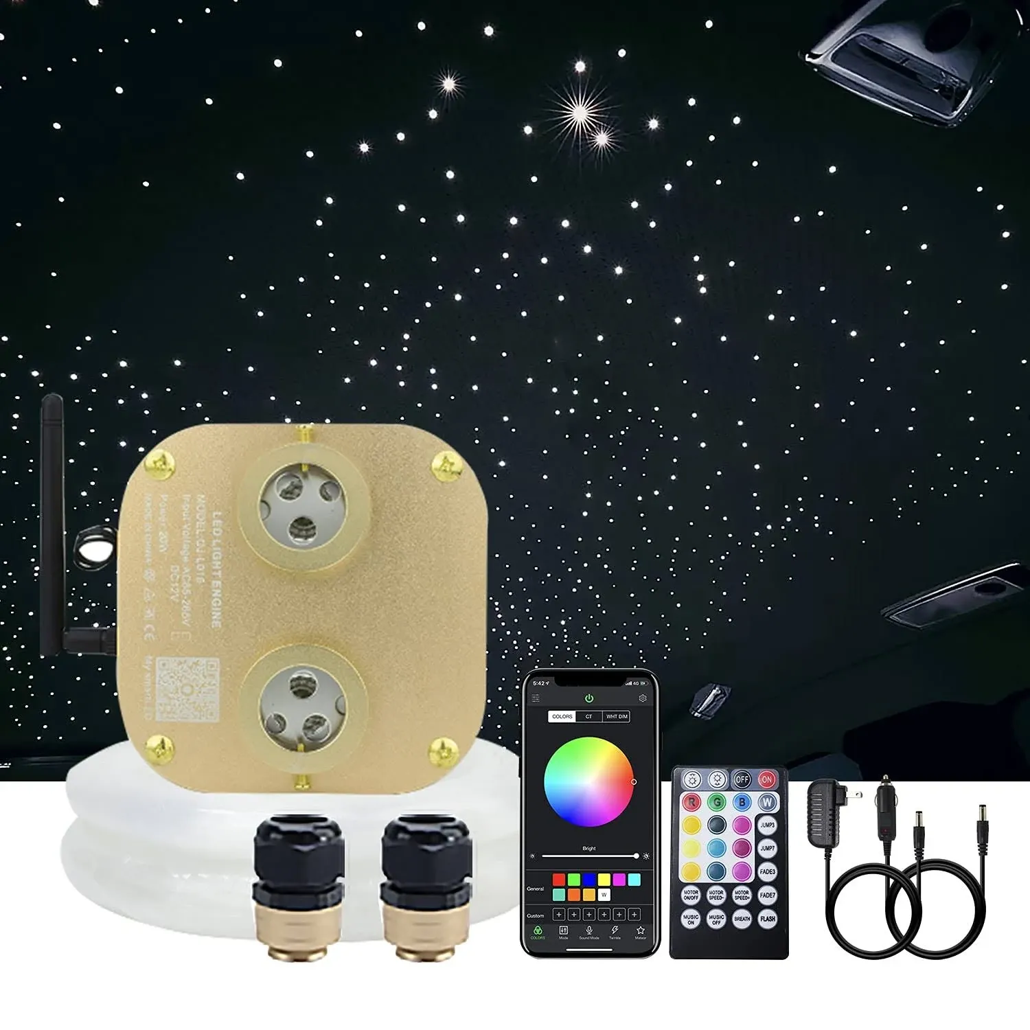 AKEPO Fiber Optic Light Kit 20W RGBW Twinkle+APP+Sound Activated Dual-Head Fiber Optic Star Ceiling Light Total 620pcs of 9.8ft/3m Mixed Fiber Optic Strands for Car Headliner Star/Media Room