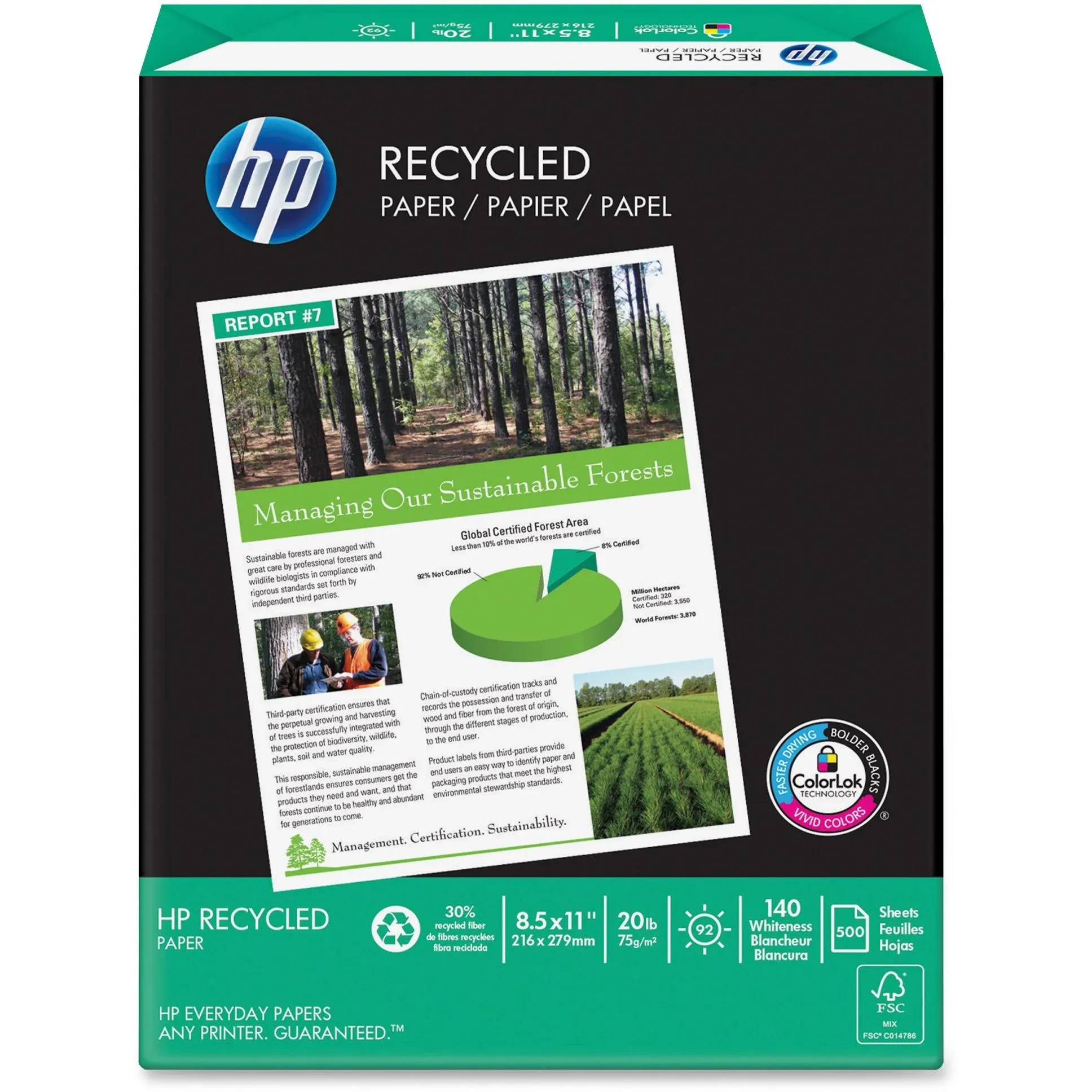 HP 30% Recycled 8.5" x 11" Multipurpose Paper, 20 lbs., 92 Brightness, 5000 Sheets/Carton (HPE1120)