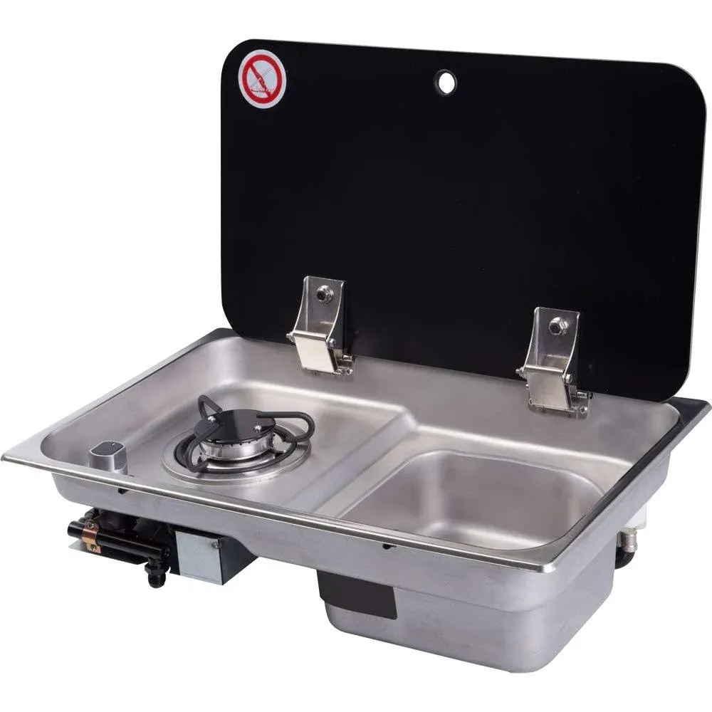 Gas Camping Stove Burner Boat Caravan RV Camper LPG Gas Stove Hob and Sink Comb RV Cooktop Stove with Tempered Glass Lid (GR-903, 1 Burner Sink Stove)