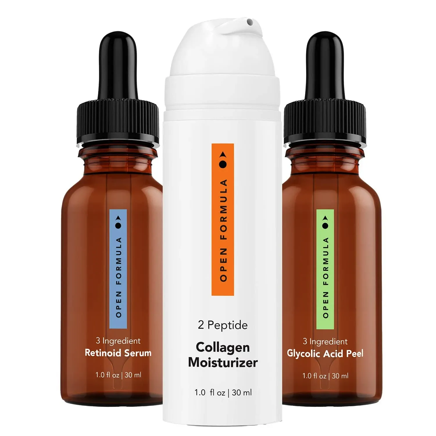 Anti-aging Super Set. Glycolic Acid Peel + Retinoid Serum + Collagen Peptide Moisturizer. For Dark Spots & Melasma, Lines & Wrinkles, Loose & Sagging Skin. 3 Products, 3 Minutes To Apply