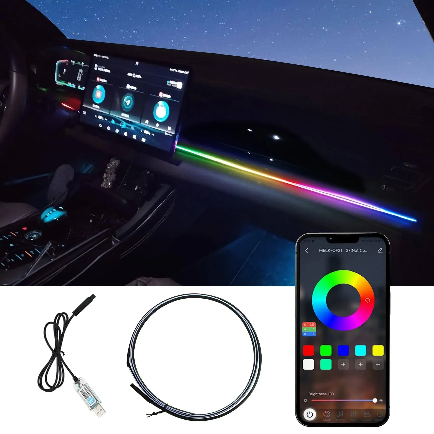 Car LED Lights Interior Dreamcolor RGB Ambient Lighting USB Led Strip Lights for Cars APP Wireless Music Sync Rhythm Neon Light for Center Console Dashboard Accessories