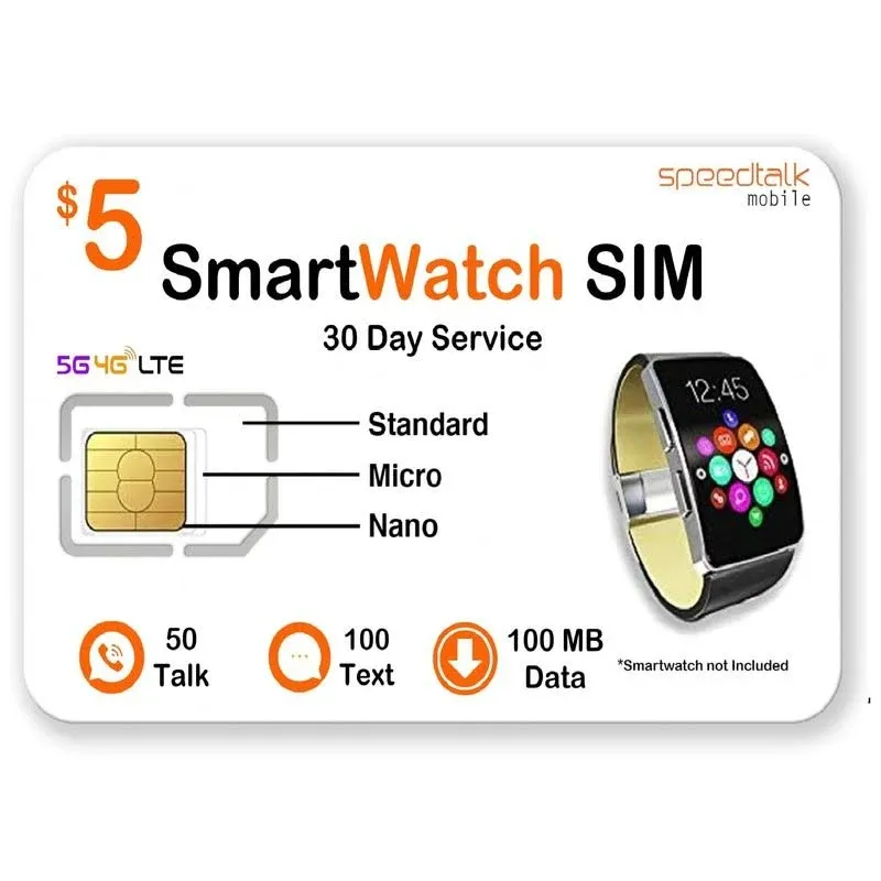 SpeedTalk Mobile $5 Smart Watch SIM Card Kit for 5G 4G LTE GSM Smartwatches Activity Fitness Wearables | Preloaded 3 in 1 Simcard - Standard Micro Nano | No Contract | USA Coverage 30 Days Service