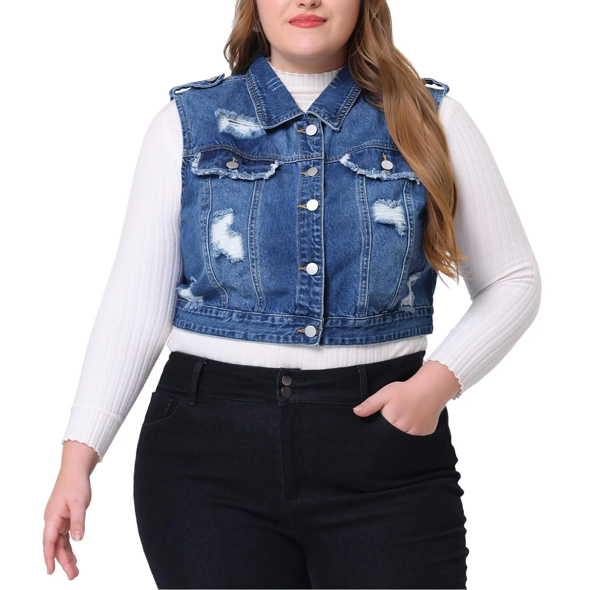 Agnes Orinda Women's Plus Jean Vest Chest Pockets Frayed Hem Single Breasted Denim Vest with Rivets Dark Blue 3X