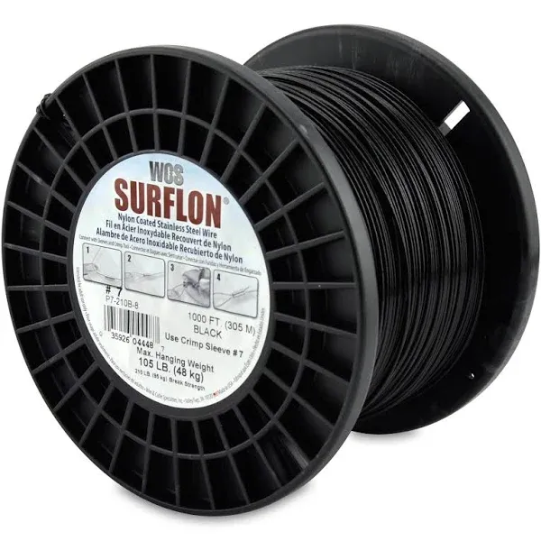 Surflon, Nylon-Coated Stranded Stainless Steel Picture Crimping Wire, Black, Size #7, 105 lb / 48 kg, 1000 ft / 305 m