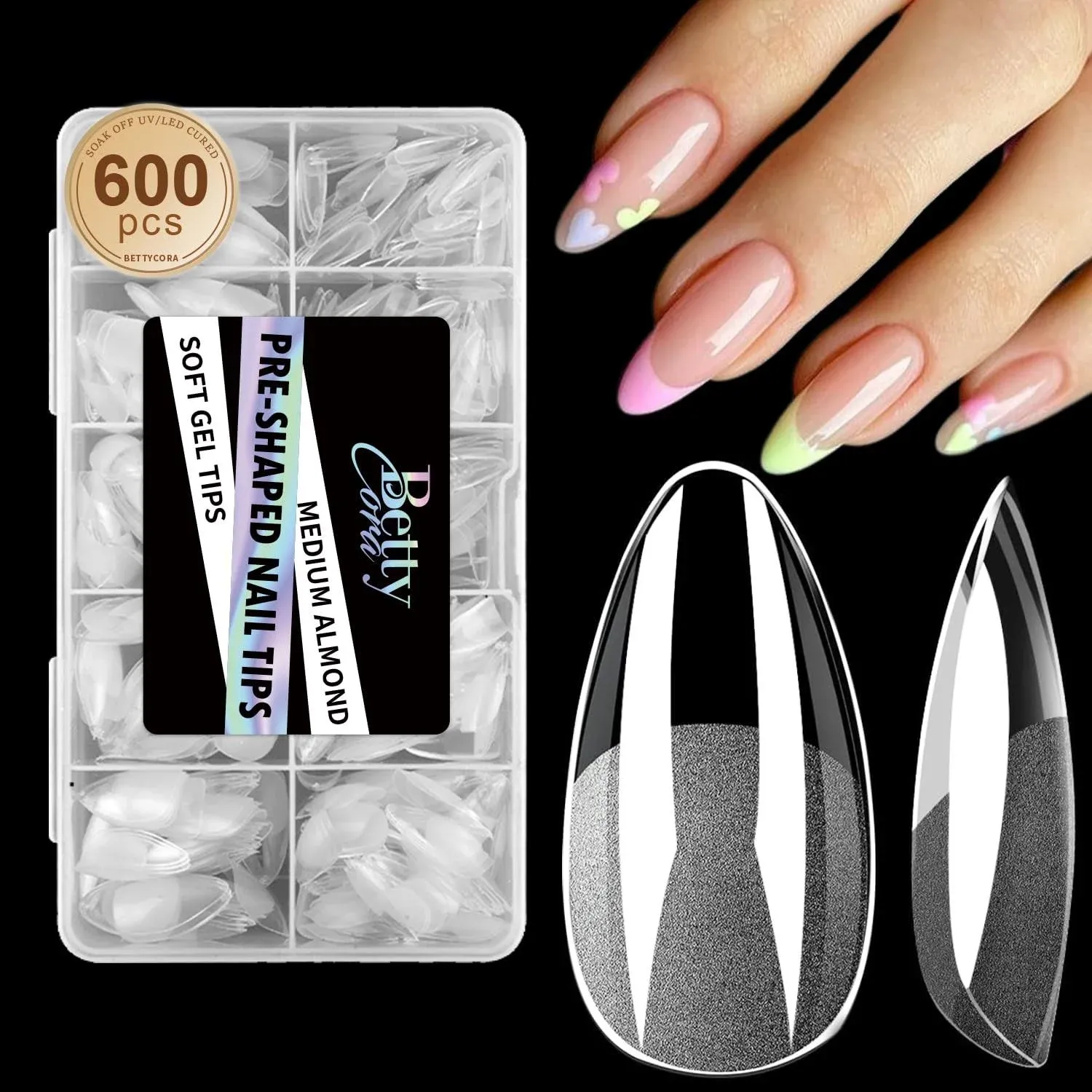 Almond Nail Tips 600Pcs, Bettycora Soft Gel Nail Tips for Acrylic Nails Professi