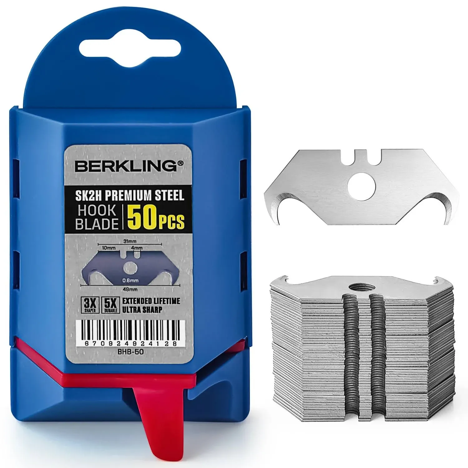 Berkling Utility Hook Razor Blades 50 PCS With Dispenser, SK2H Laser Sharpened Hardened, Ultra 3X Sharper and 5X Durable