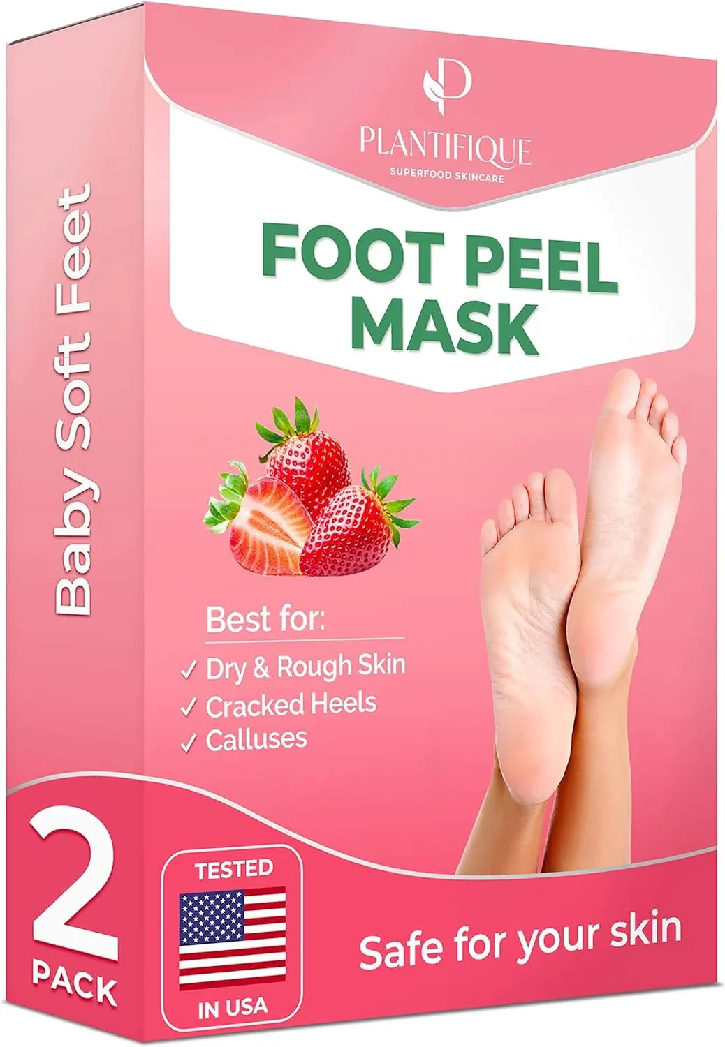 PLANTIFIQUE Foot Peeling Mask Peeling Foot Mask Dermatologically Tested Repairs Heels & Removes Dry Dead Skin for Baby Soft Feet Exfoliating Foot Peel Mask for Dry Cracked Feet Strawberry 2 pack