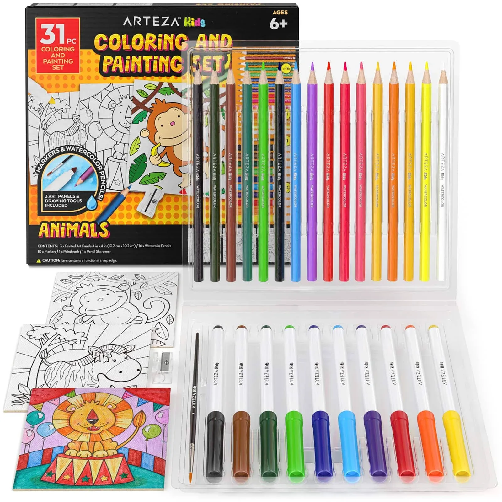 ARTEZA Kids Animals Coloring Kit, 3 Canvases 4 x 4 Inches, 10 Markers, 16 Watercolor Pencils, 1 Paint Brush, 1 Sharpener, Art Set for Kids Activities