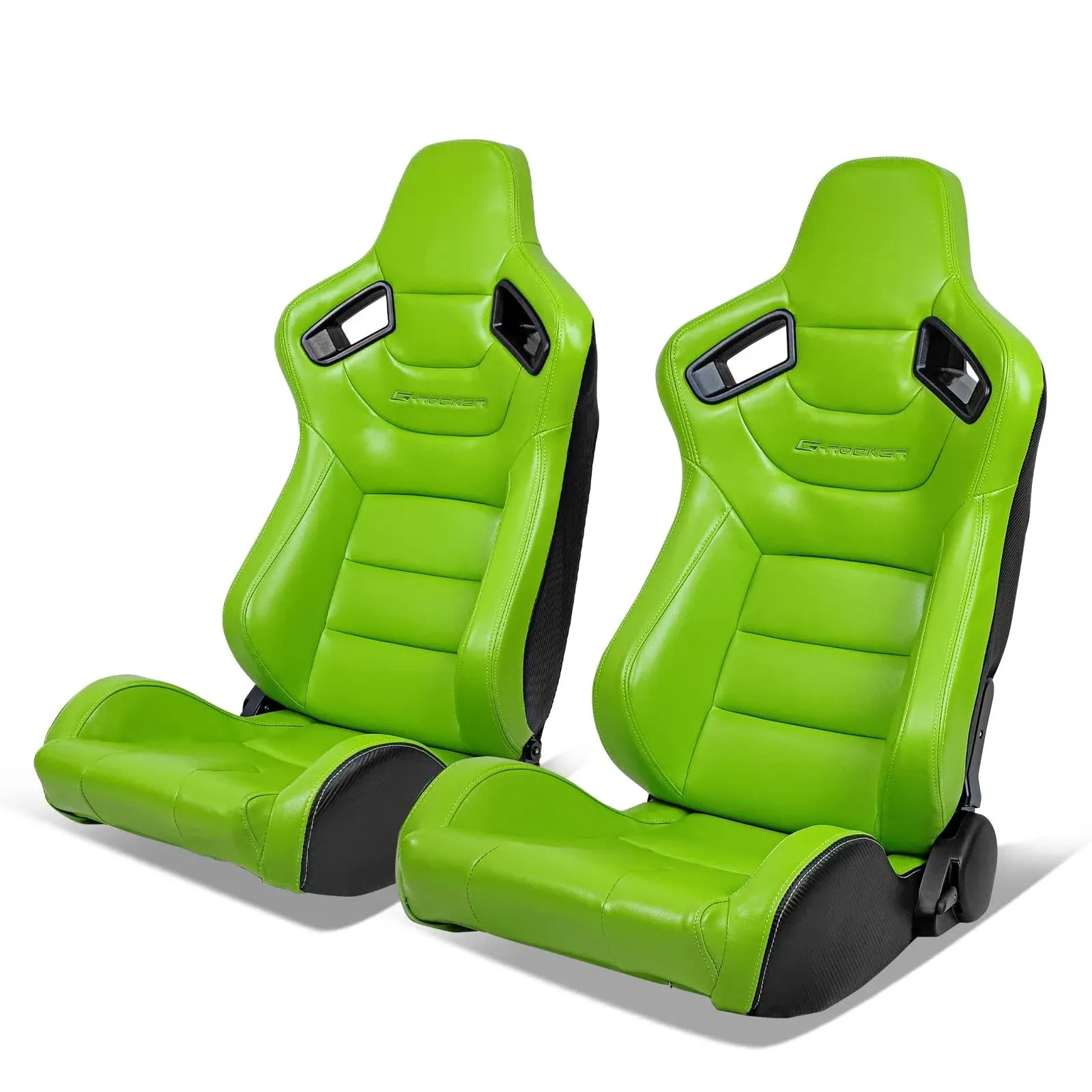 IKON MOTORSPORTS, Universal Racing Seats with Dual Sliders, Reclinable Green PU & Carbon Leather Sport Bucket Seats, 1 Pair Driver + Passenger Side