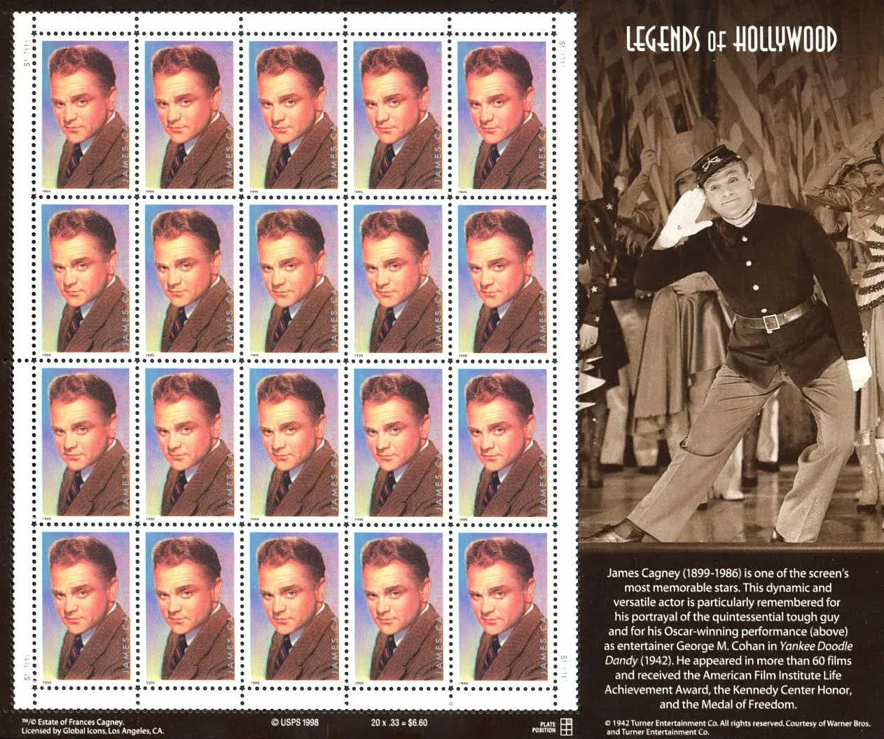 USPS James Cagney: Legends of Hollywood Full Sheet of 20 x 33-Cent Postage Stamps ...