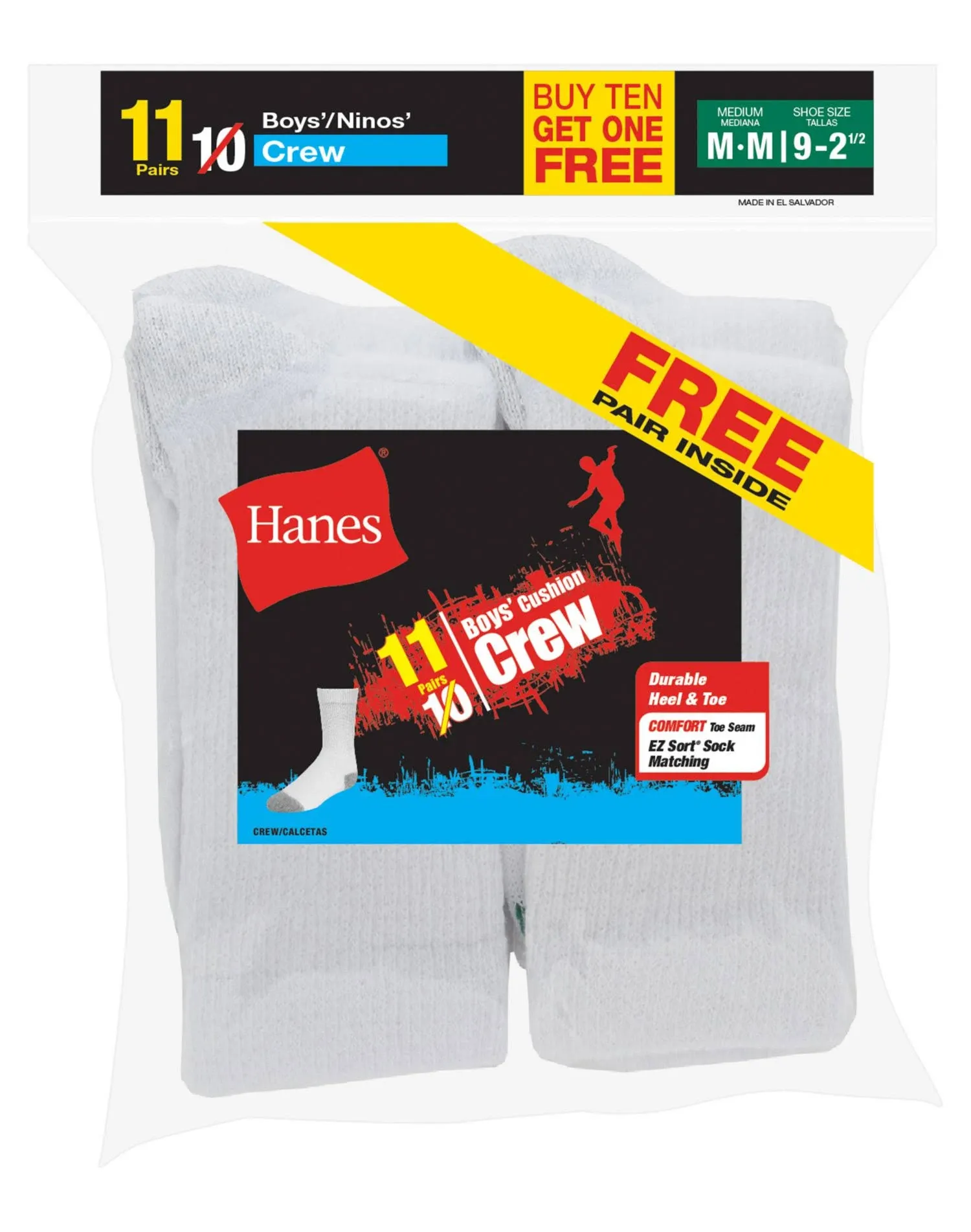 Hanes 421/11 Boys EZ-Sort 11-Pack Crew Socks NEW!!