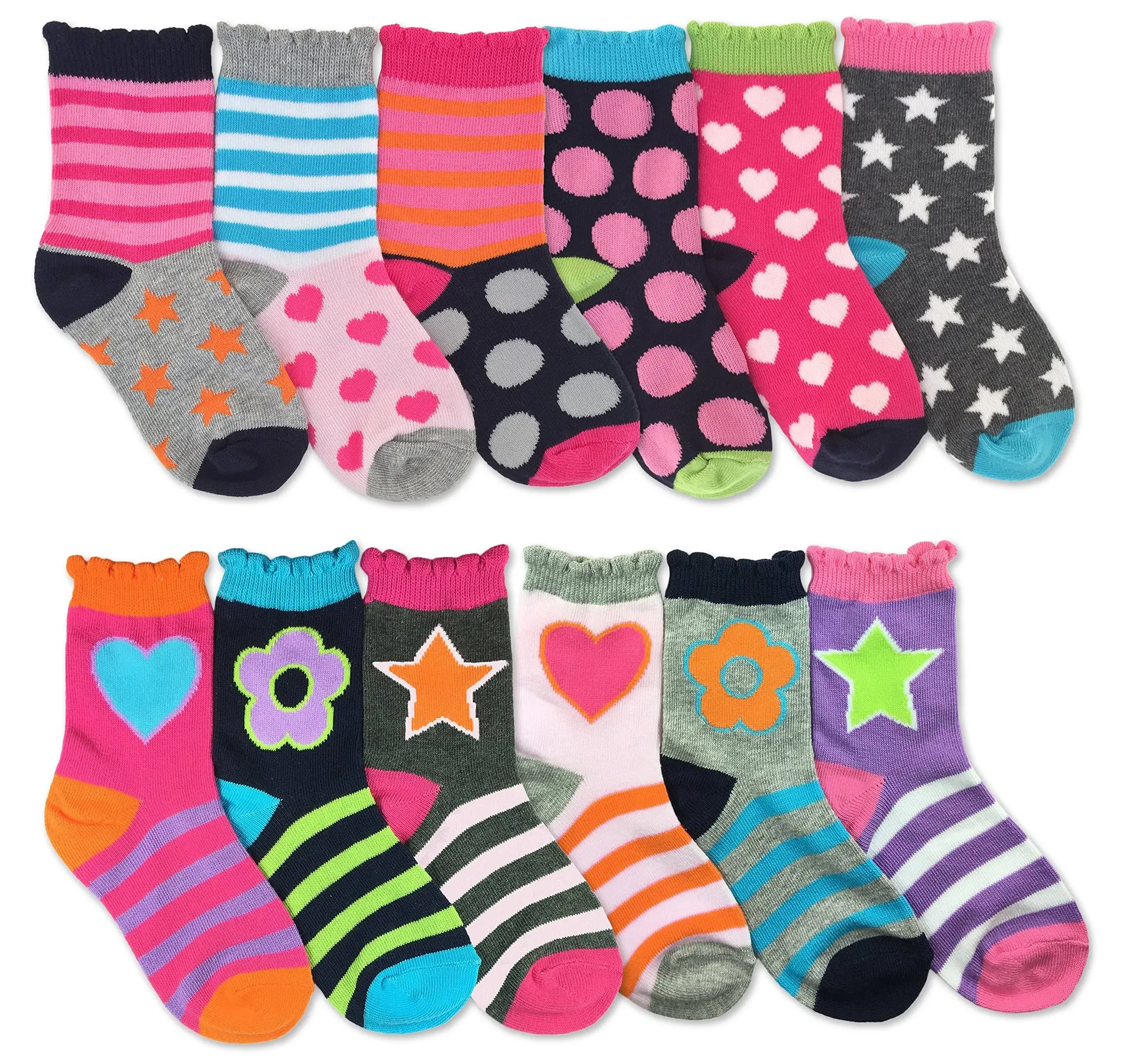 Jefferies Socks Girls Heart Flowers Stars Fashion Pattern Variety Socks 12 Pair Pack