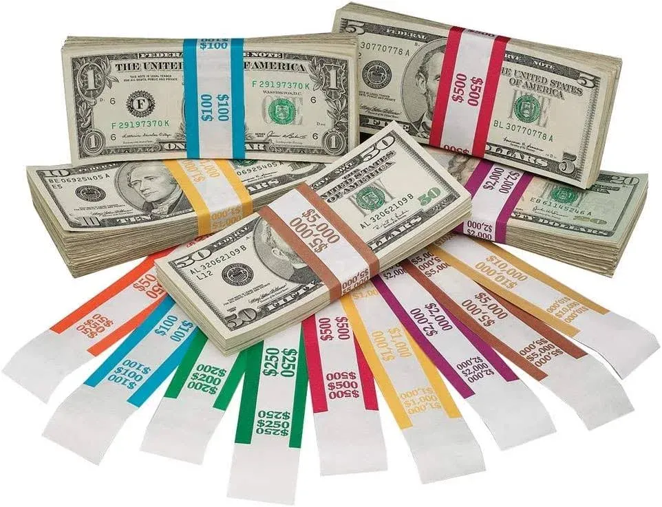 BankSupplies Assorted Money Bands | 1000 Straps of Each Denomination | Self-Sealing Bill Straps | Pressure Sensitive Adhesive | Color-Coded | White Kraft Paper | Money Wraps for Bills