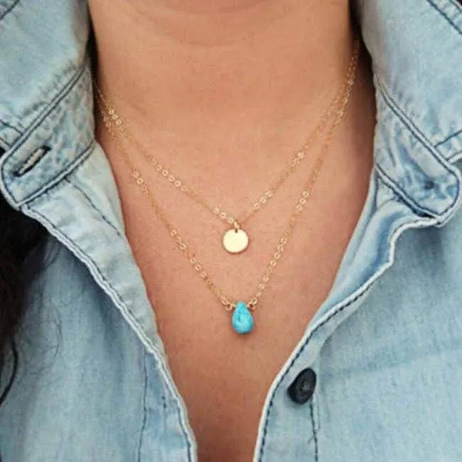 Jovono Boho Layered Turquoise Necklaces Gold Sequin Pendant Necklace Chain Jewelry for Women and Girls