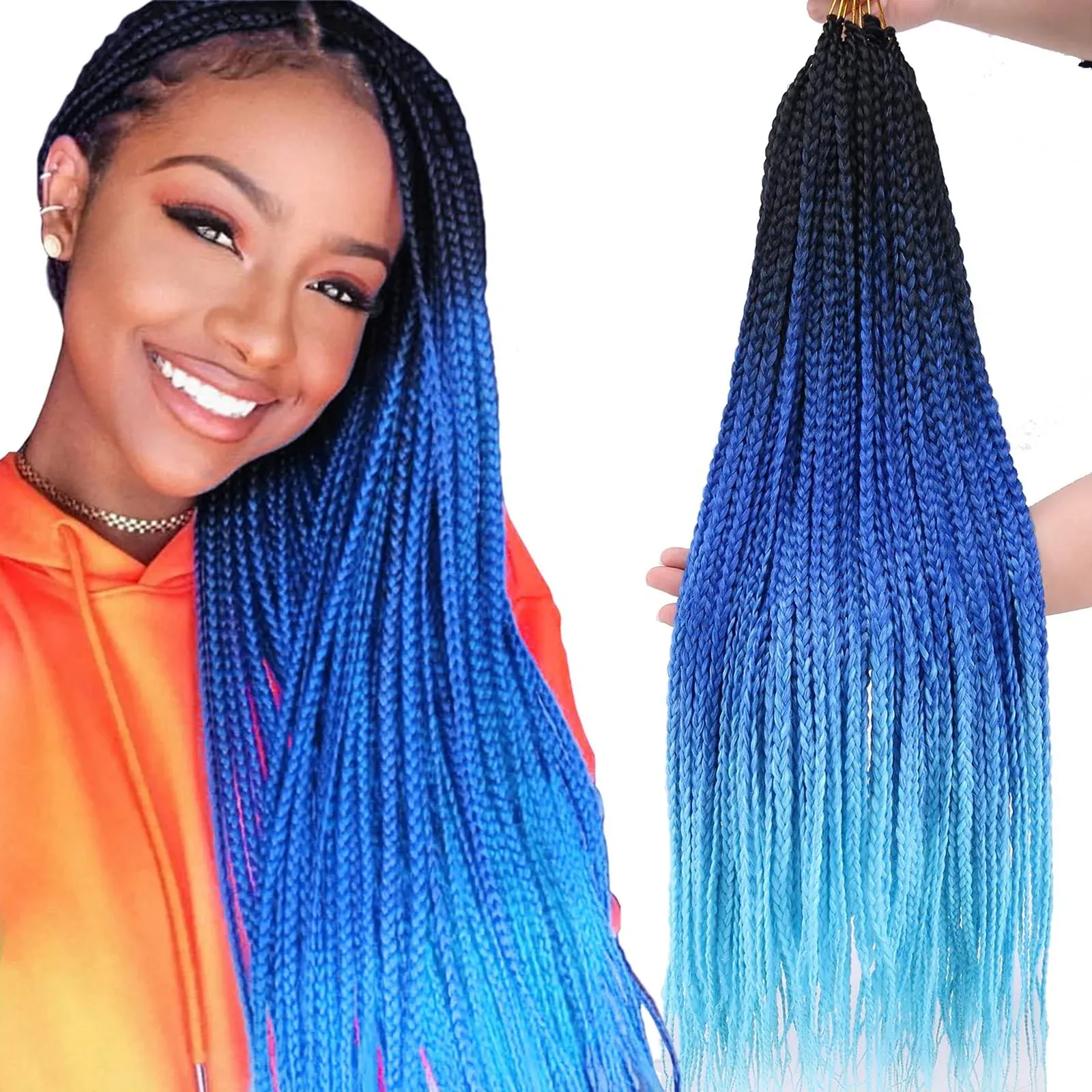 Box Braids Crochet Hair 6 Packs 24 Inch Ombre Blue Pre-Looped 3X Goddess Senegalese Twist Tissage Fiber Kanekalon Synthetic Braiding Hair Extensions 22 Strands/Pack 100g (T1/Blue/Light Blue#)