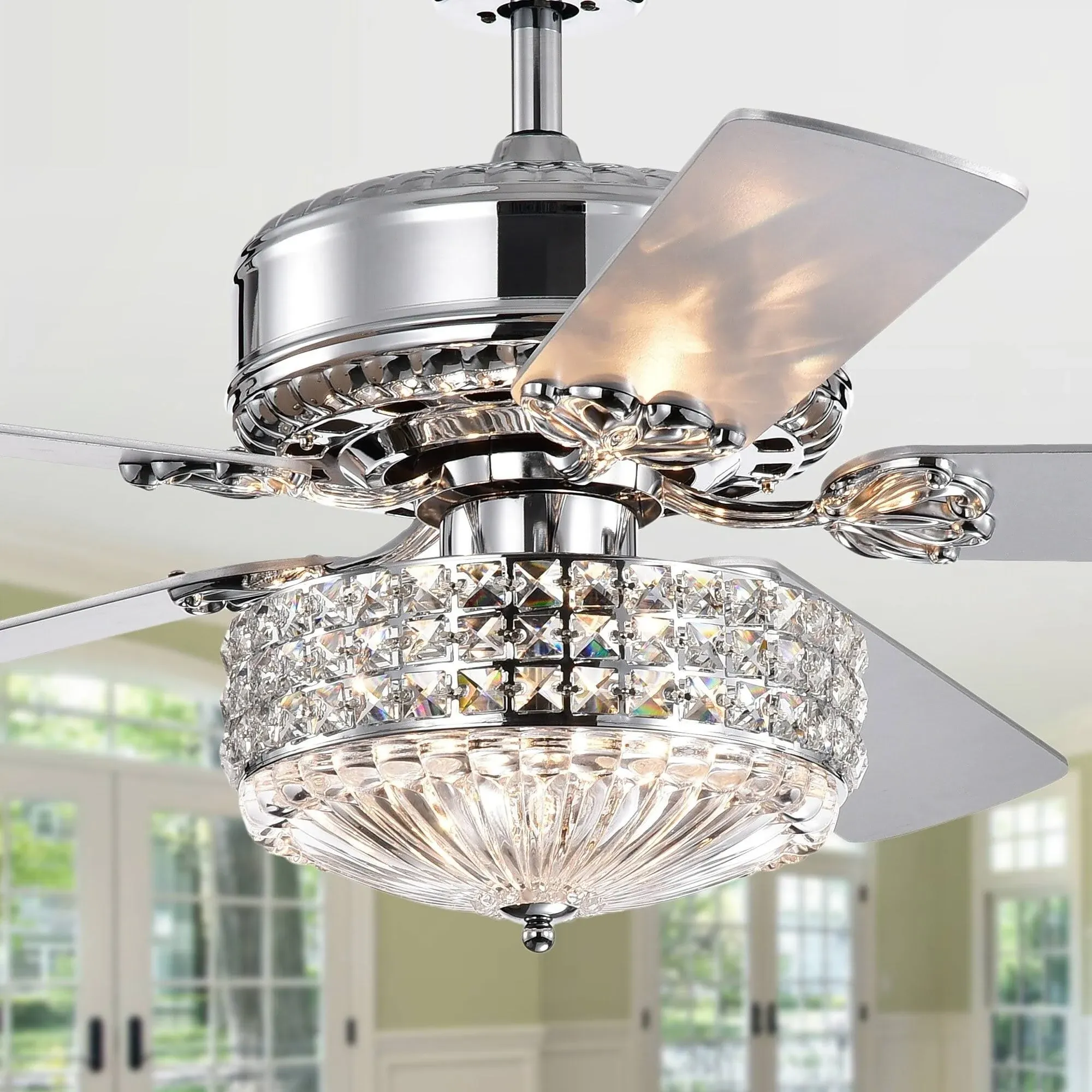 Gremane Chrome 52" Ceiling Fan Crystal Shade, Includes Remote and Light Kit