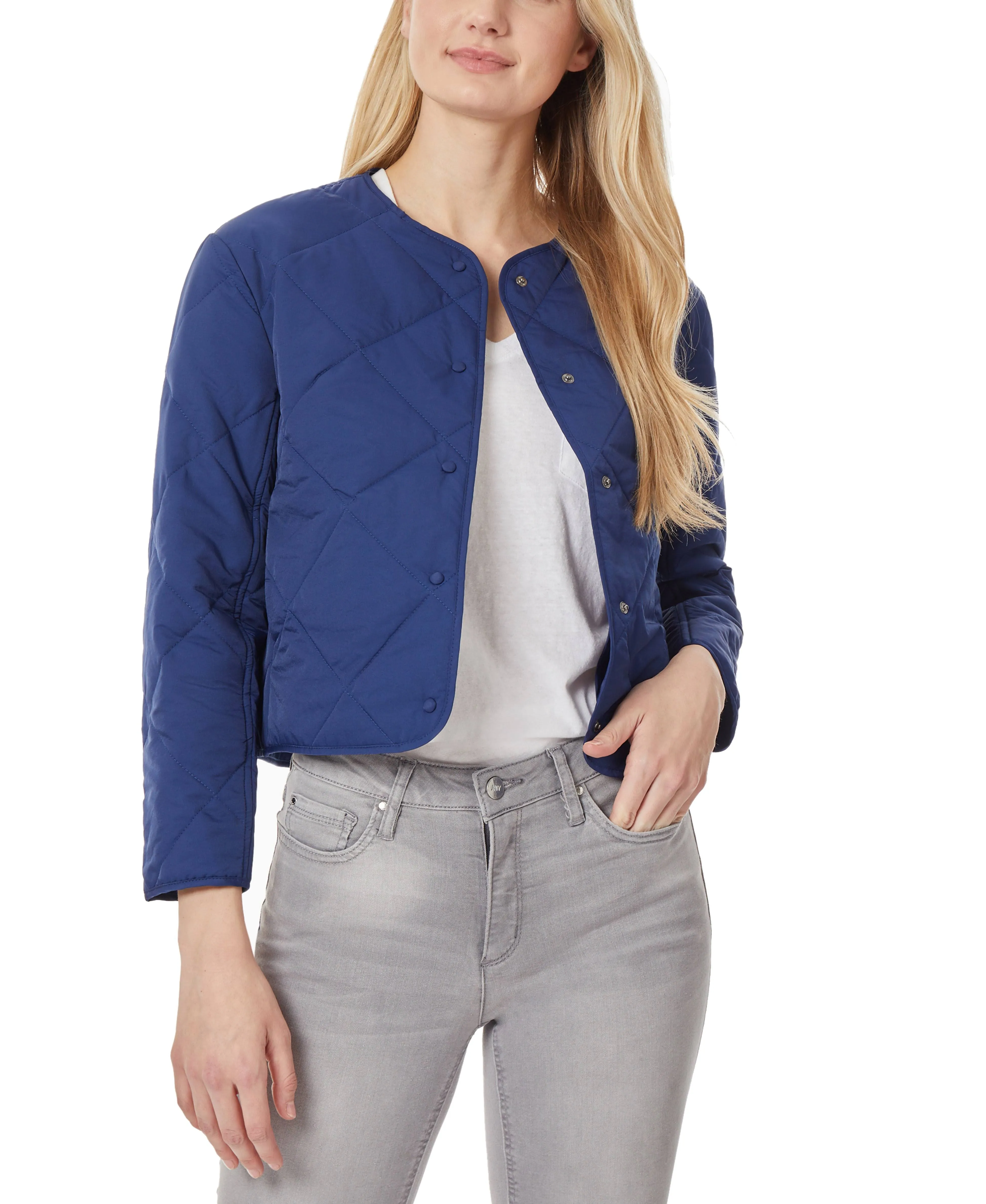 Jones New York Women's Quilted Collarless Jacket with Snaps