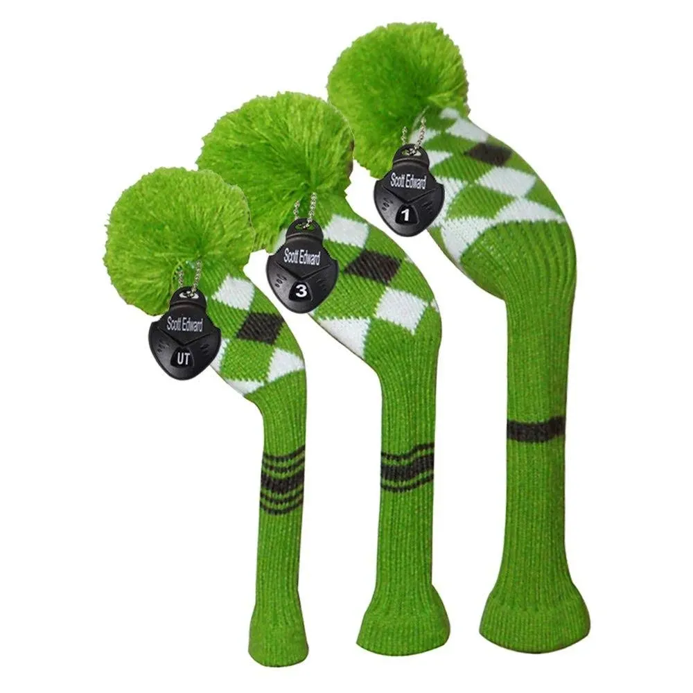 Scott Edward Vintage Long Neck Green/White/Black Argyles Grey Stripes Style Soft Pom Pom Golf Headcover, Set of 3 for Driver(460cc) Fairway Wood, Hybrid, Rotating Number Tags, Washable