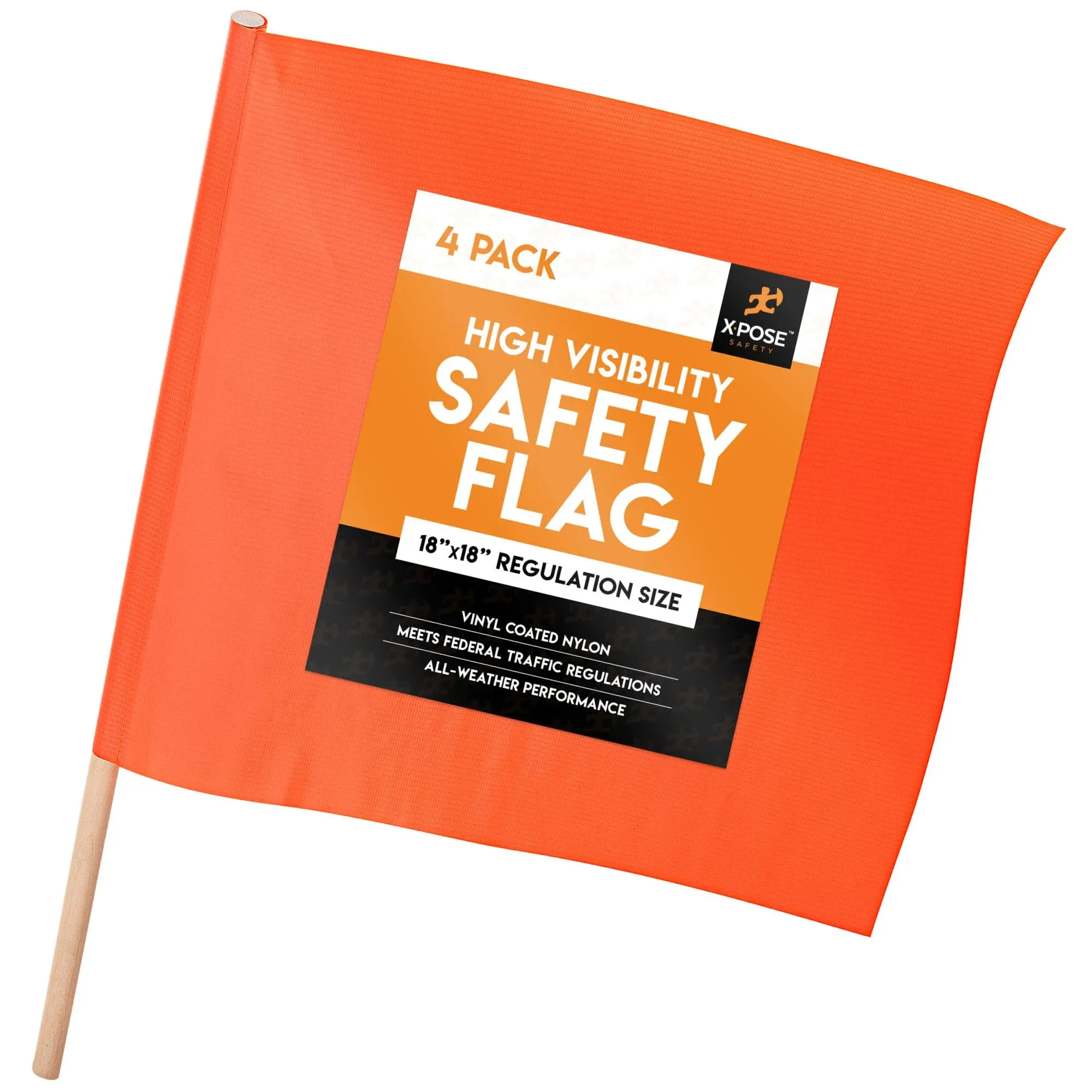 Orange Safety Flags,18"x18" Orange Warning Flag with 24" Wood Staff,Pack of 4,Square Safety Flag,Oversize Signs and Flags,Wide Load Flags,Caution Flags for Roof,Red Flag for Truck Loads, Towing