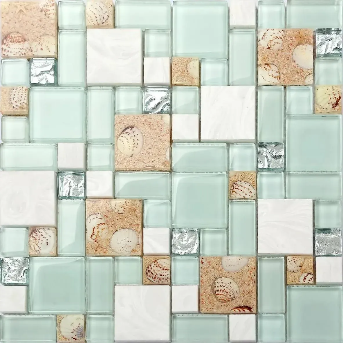 5-Sheets Lake Green Glass and White Stone Mosaic, Conch Shell Tile Magic Patterns, Perfect for Kitchen Backsplash and Bathroom Shower and Accent Wall NB02