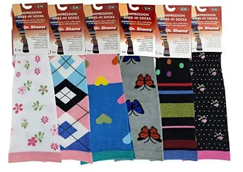 6 Pairs Pack Graduated Colorful Travel Athletic Cotton Compression Knee High Socks (6 Pairs Assorted, Small/Medium)