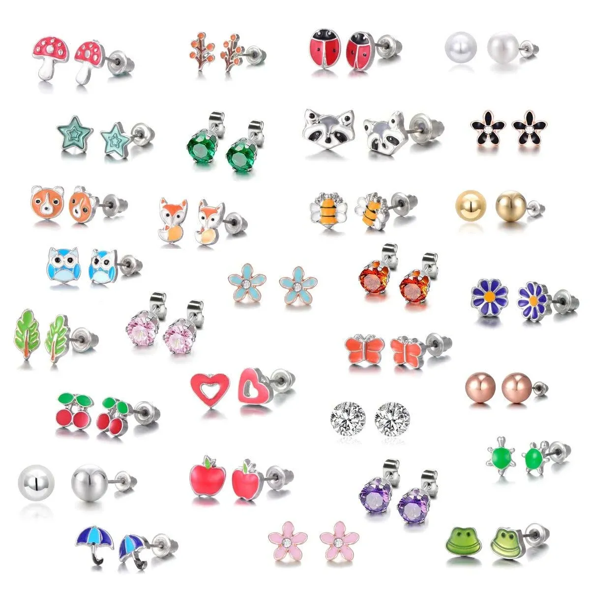 30 Pairs Stainless Steel Cute Animals Fox Stud Earrings