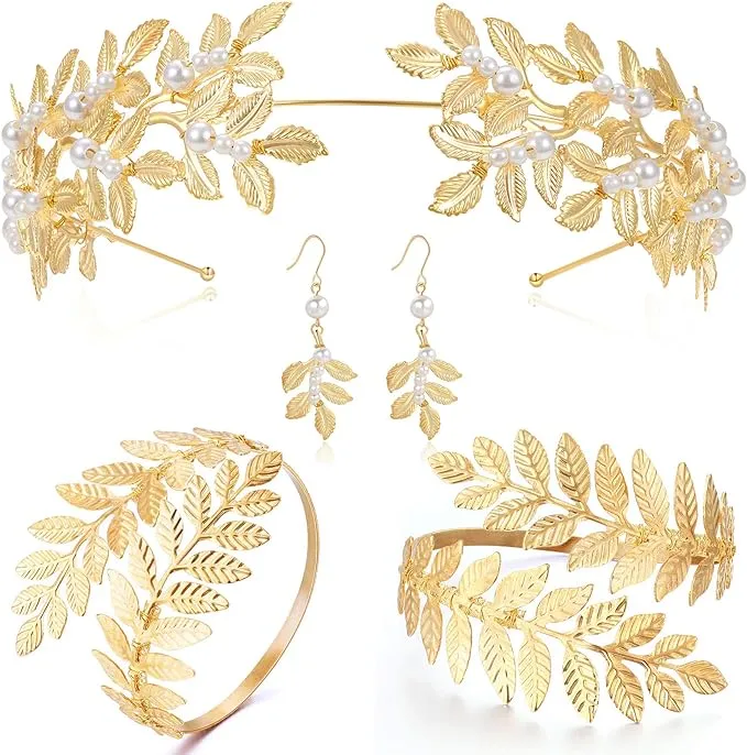 Coucoland Greek Goddess Jewelry Women - Gold Toga Athena Cleopatra Hercules Egyptian Aphrodite God Roman Accessories Set Leaf Headpiece Crown Halloween