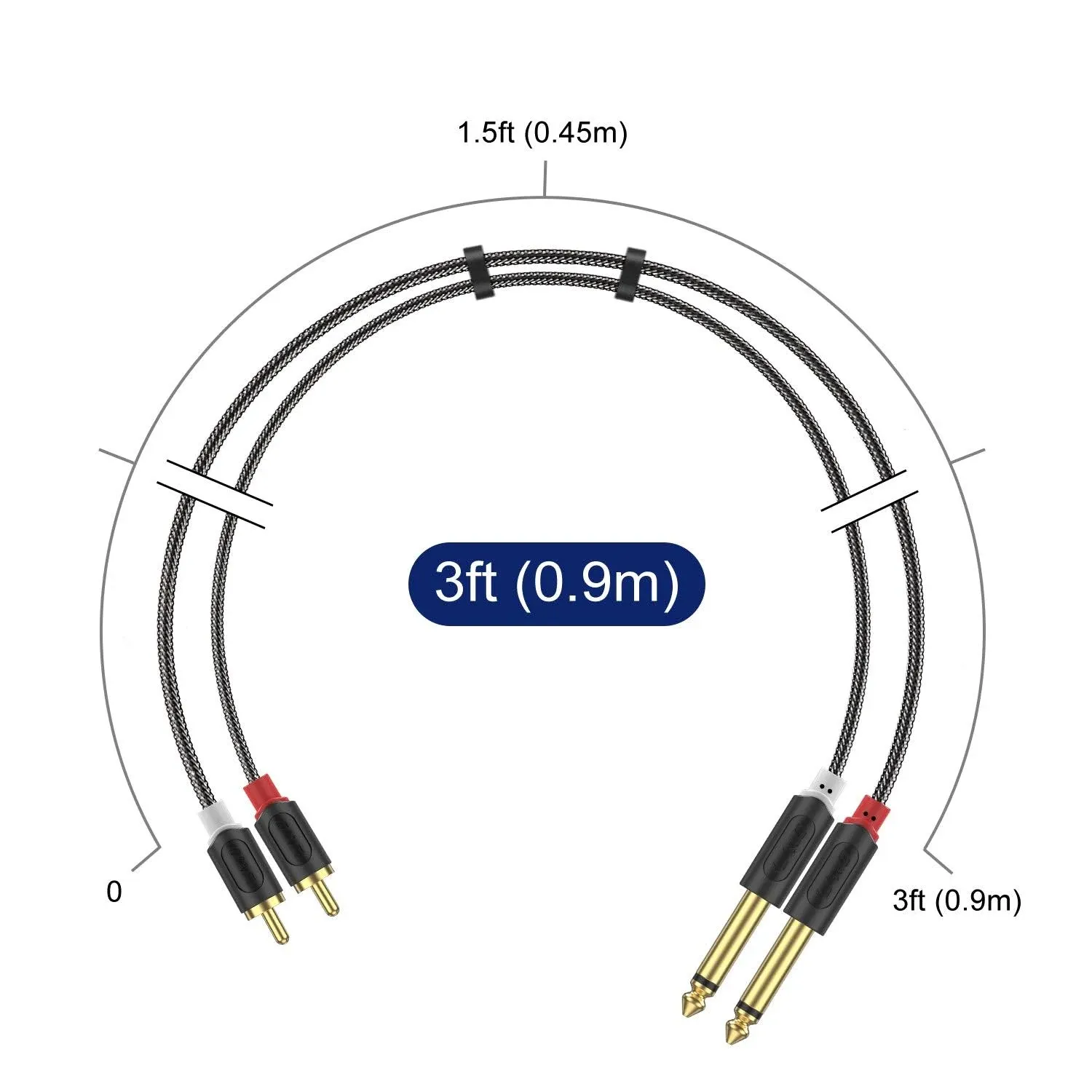 J&D RCA to 1/4 Audio Cable, Dual 1/4 inch TS to Dual RCA Stereo Audio Interconnect Cable, Gold Plated Audiowave Series 1/4 to RCA Cable Adapter with Nylon Braid, 3 Feet