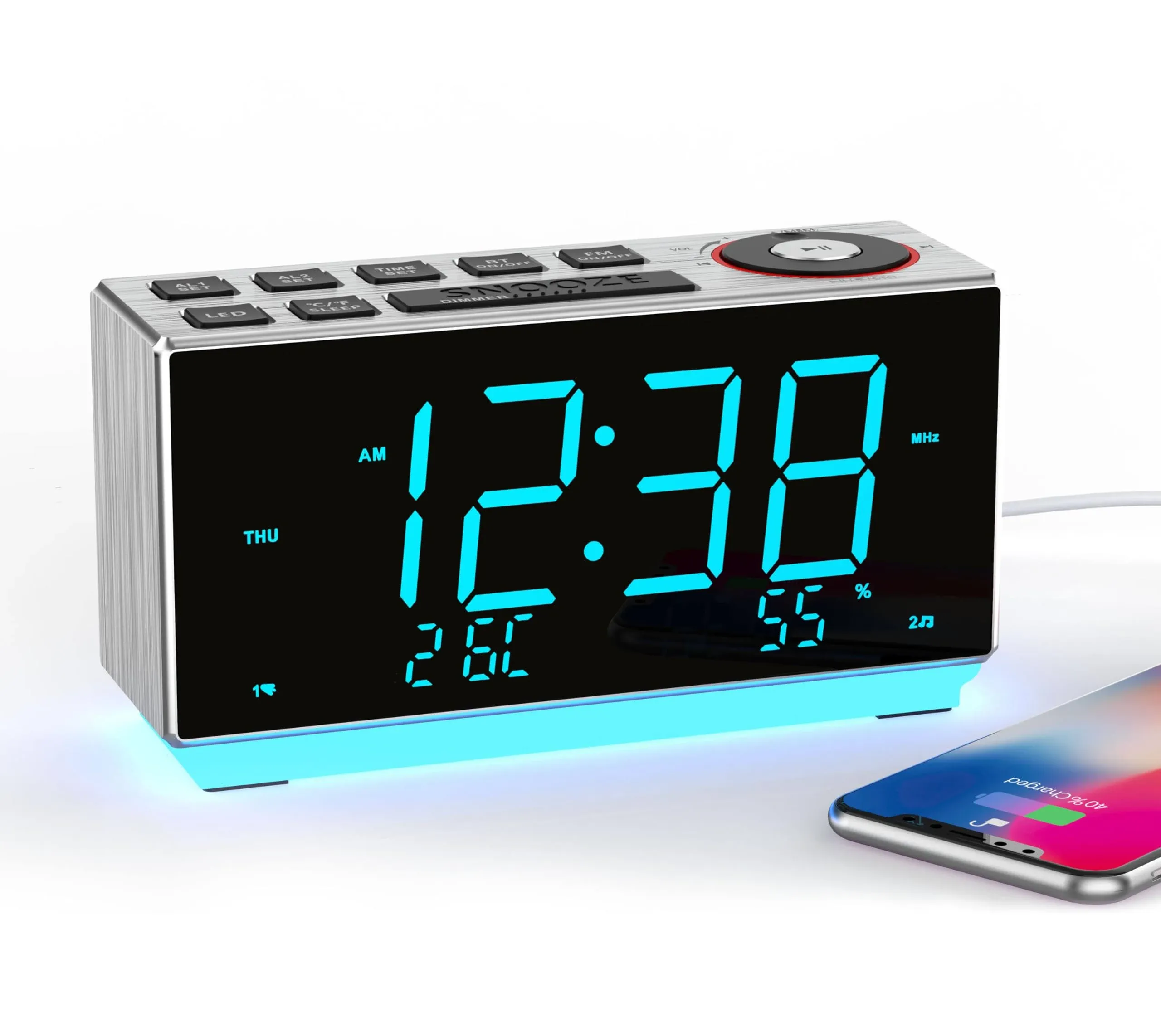 Dual Alarm Clock with FM Radio, USB Charging, 1.8&#039;&#039; LED Display, Night Light,...