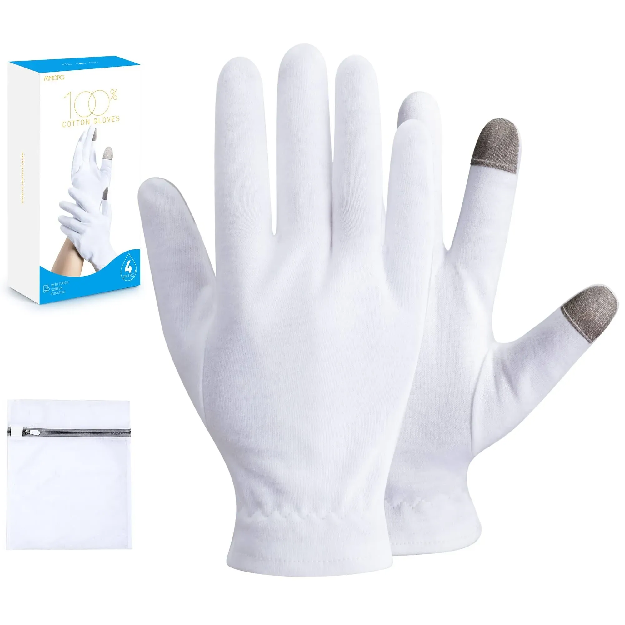 MNOPQ 100% Cotton Moisturizing Gloves, White Cotton Gloves Overnight Bedtime for Moisturizing Hands, Eczema | Touch Screen, Wristband and Washing Bag, 4 Pairs Medium