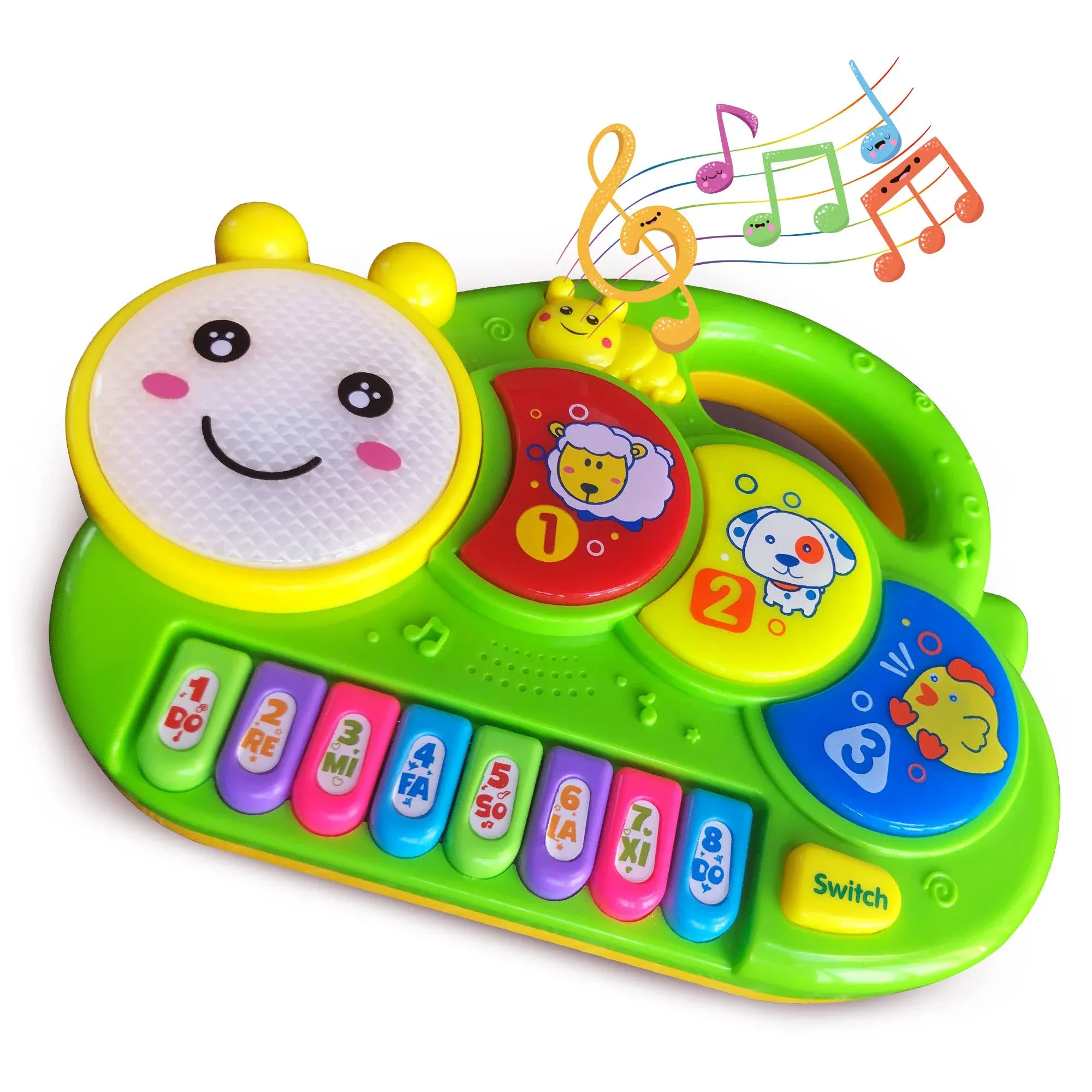 Baby Piano DrumToy, Caterpillar Piano Keyboard Drum Light Up Sound Musical Toy, Learning Educational Interactive Infant Toddler Kids Toys Gift for Girl Boy