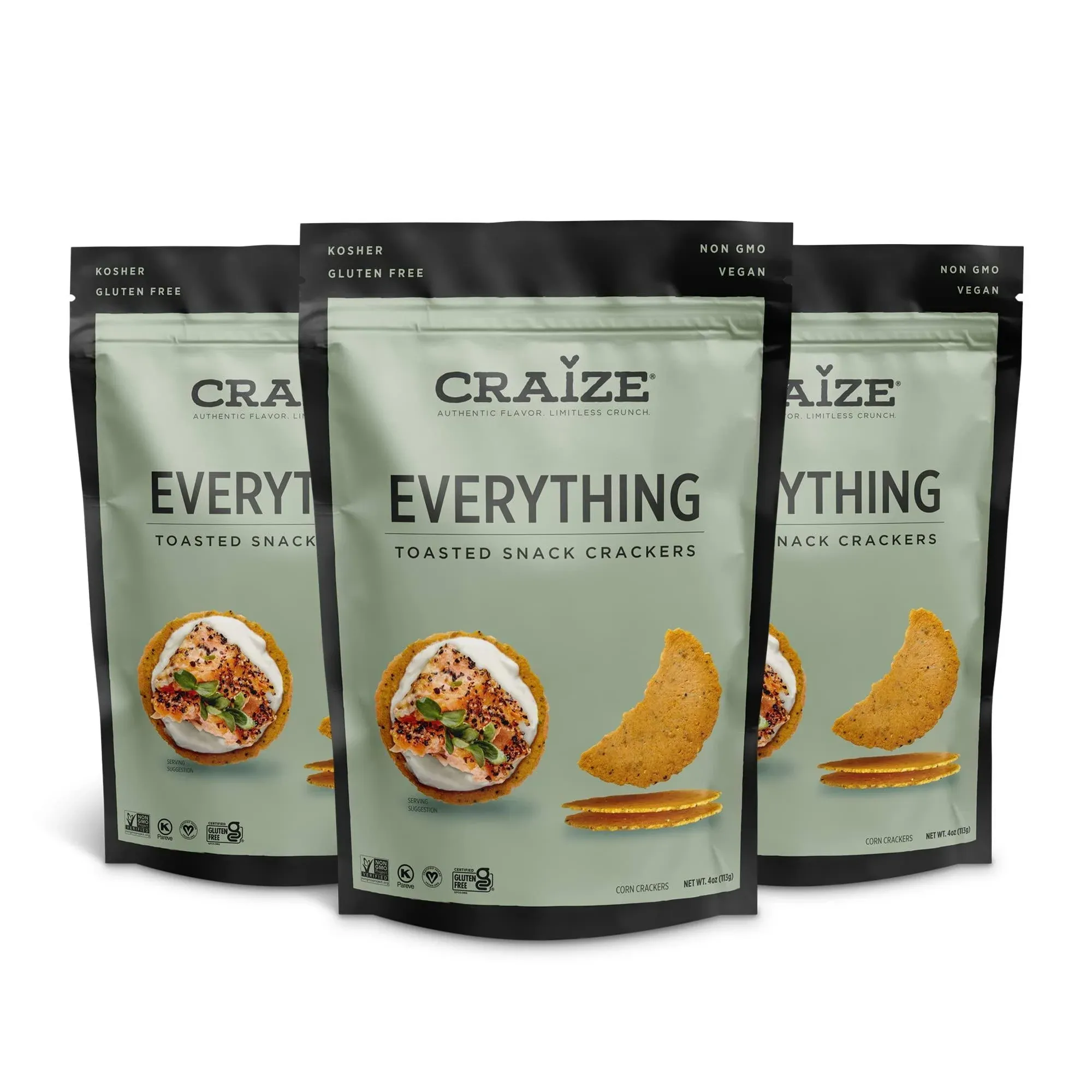 Craize Everything Crisps Gluten Free, Vegan, Kosher, Toasted Corn Crackers 3 Pack, 4 oz Each