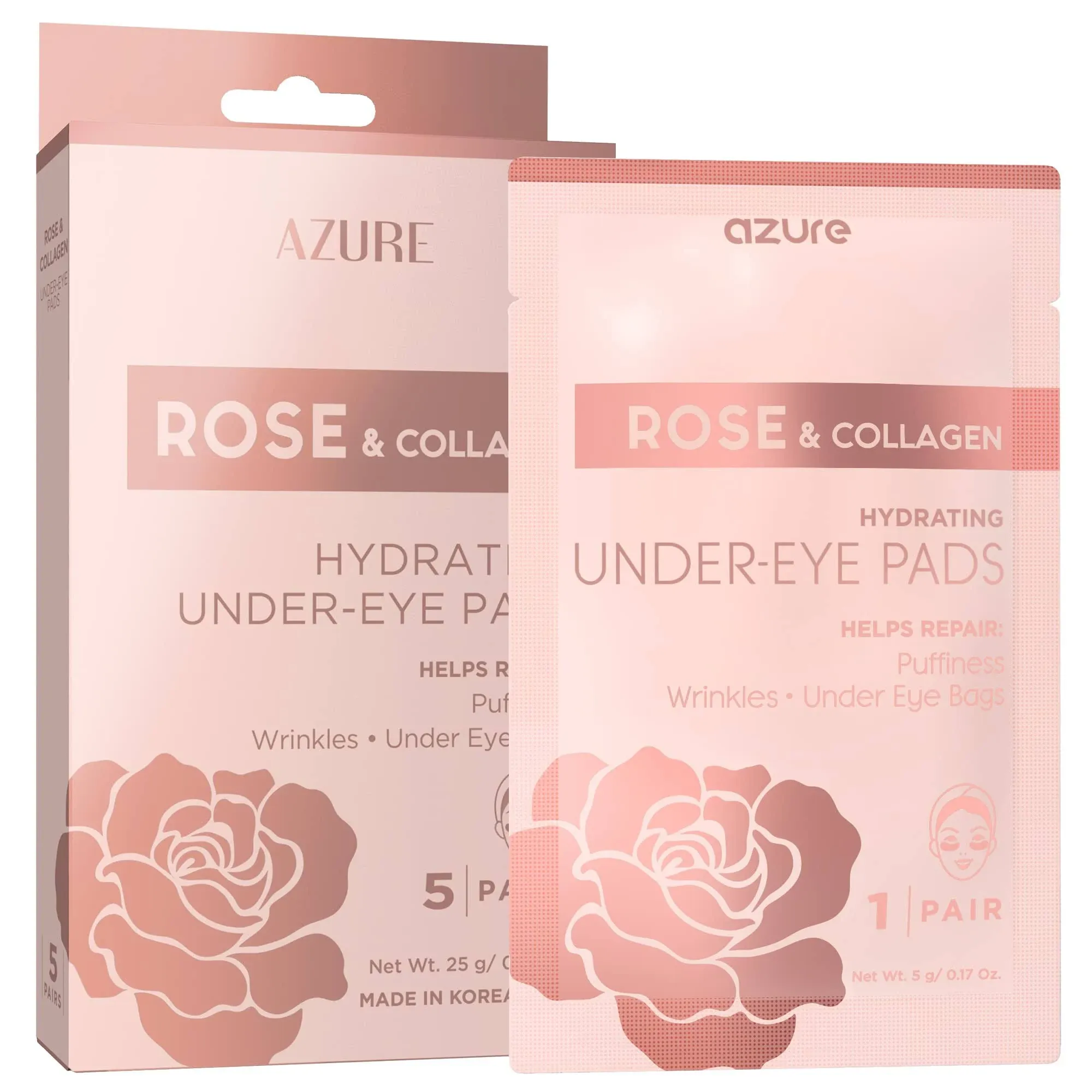 AZURE Rose & Collagen Hydrating Under Eye Pads - Anti Aging, Revitalizing & Moisturizing Eye Mask Patches - Reduces Fine Lines, Wrinkles, Dark Circles & Puffiness - Skin Care Made in Korea - 5 Pairs