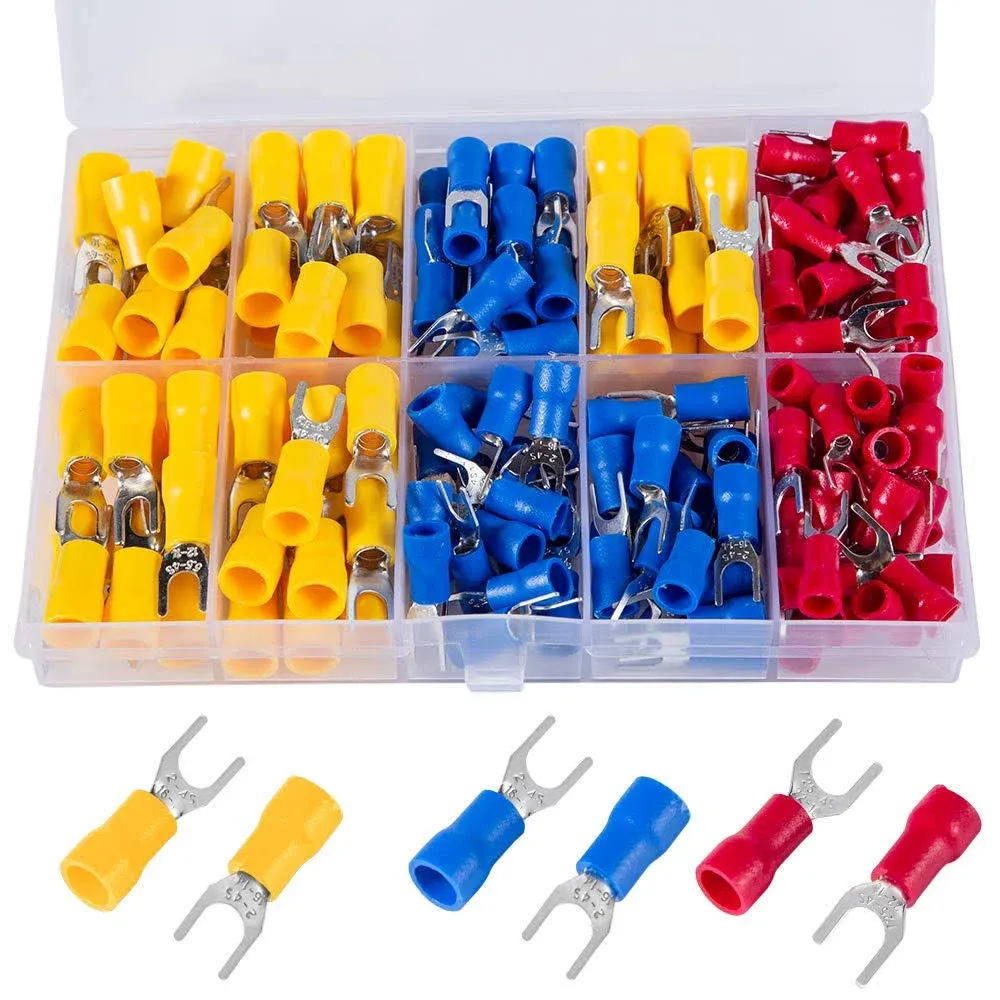 Breezliy 180 Pcs 22-16 16-14 12-10 AWG Insulated Fork Spade U-Type Wire Connector Electrical Crimp Terminal Assortment Kit