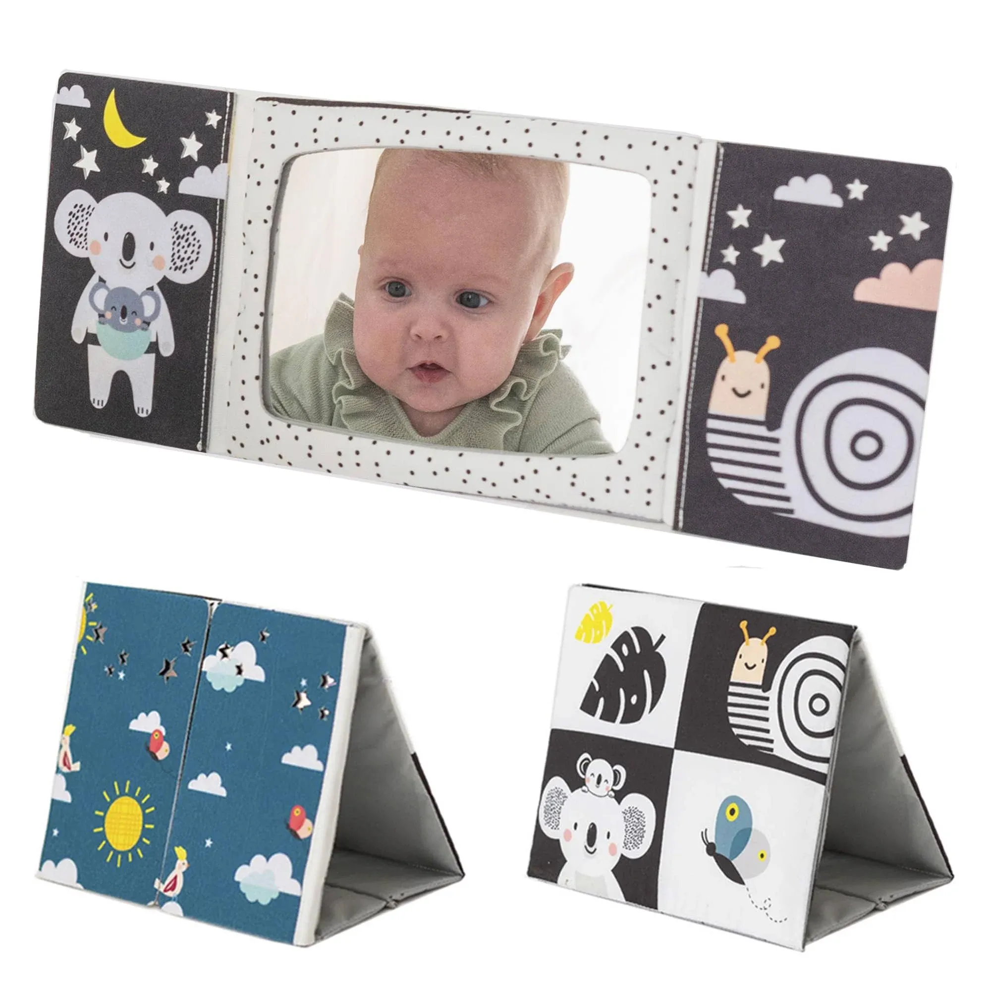 Taf Toys Tummy-time Baby Mirror Book. High Contrast Black &amp;amp; White Soft Double-sided Activity Baby Book. Newborn Sensory Montessori Baby Toy. Gift Suitable for Newborn Boys &amp;amp; Girls 0 months +