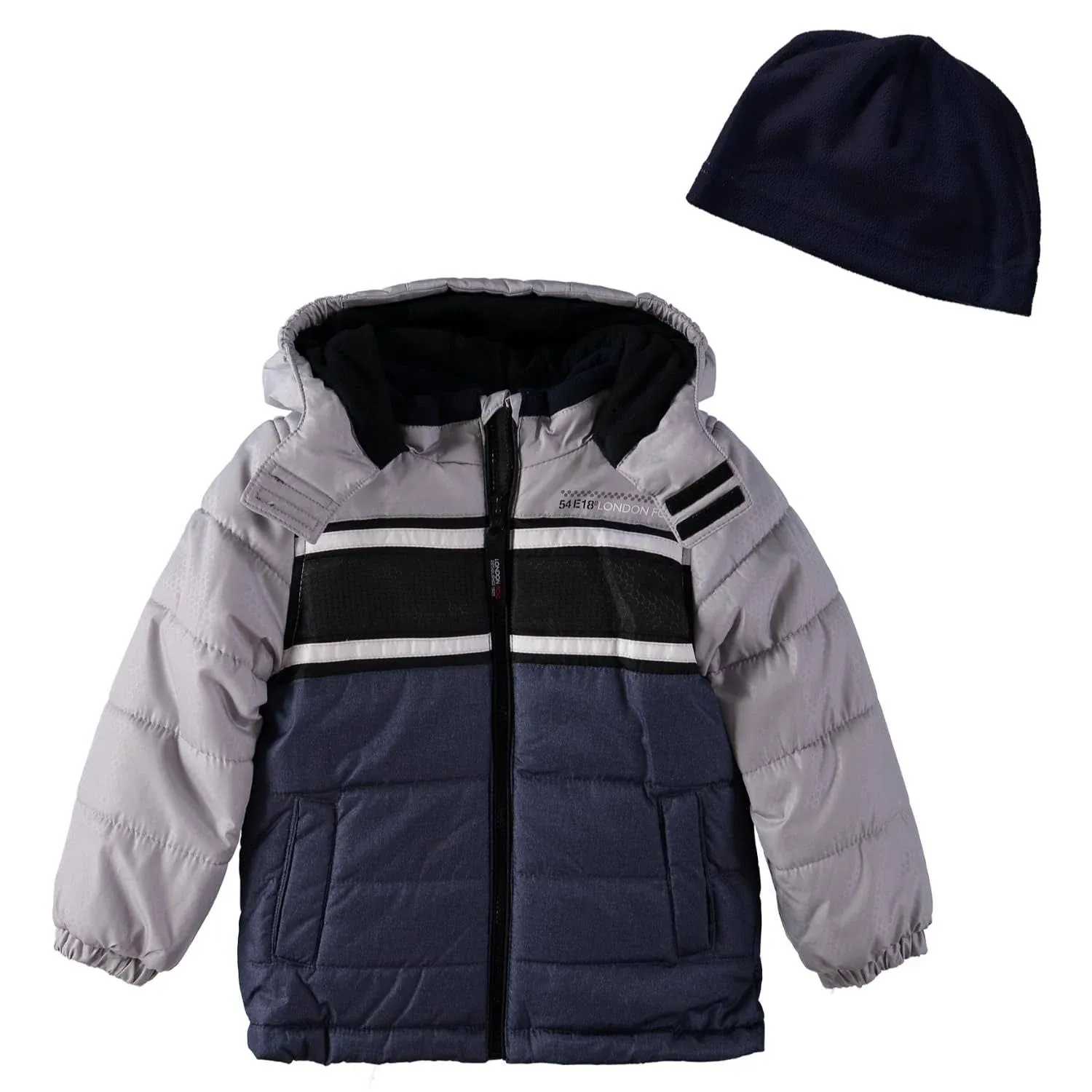 LONDON FOG Boys' Big Active Puffer Jacket Winter Coat, Navy/Grey Colorblock, 5/6