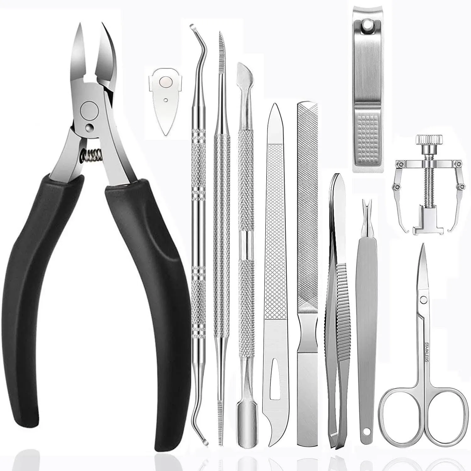 Ingrown Toenail Tool kit Pedicure Tools,12PCS Ingrown Toenail Treatment Toenail Clippers Professional Tool Set for Ingrown & Thick Nail Stainless Steel Ingrown Toenail Tool (12pcs-Black)