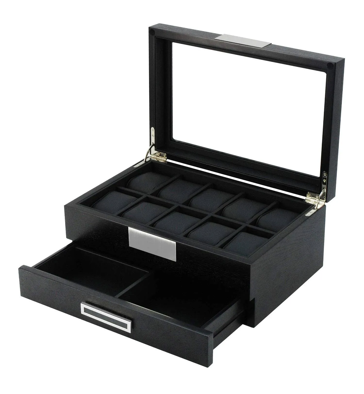 Arolly Black Wood Watch Storage Box with 10 Watch Slots & 1 Pull-Out Valet Drawer, Glass Lid Jewelry Organizer Case for watches, cufflinks, brooches, rings, tie clips, sunglasses and more