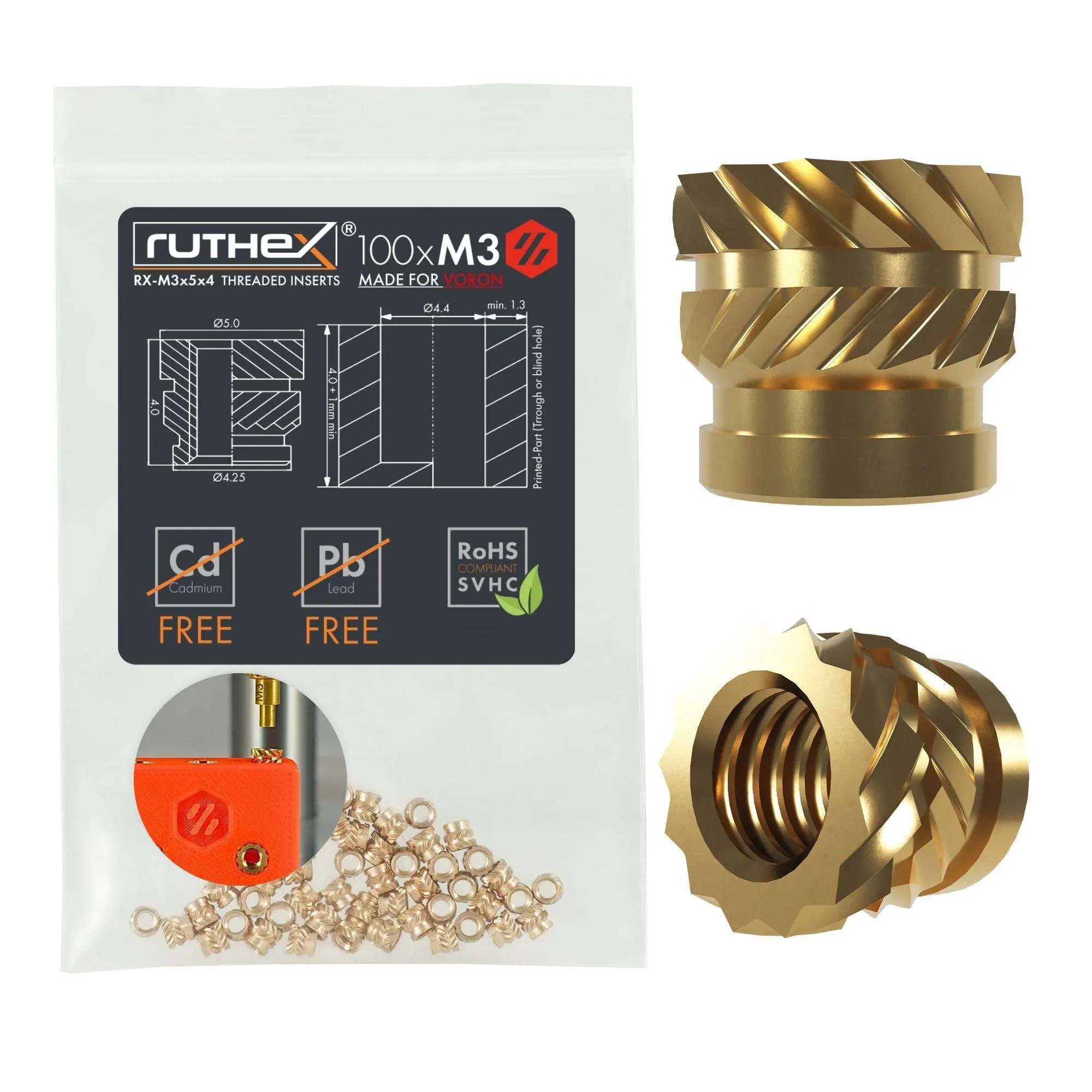 ruthex M3 Threaded Inserts Voron - 100 Pieces RX-M3x5x4 Brass Heat Set Insert for Plastic Parts - Metric Knurled Nuts - Insert B