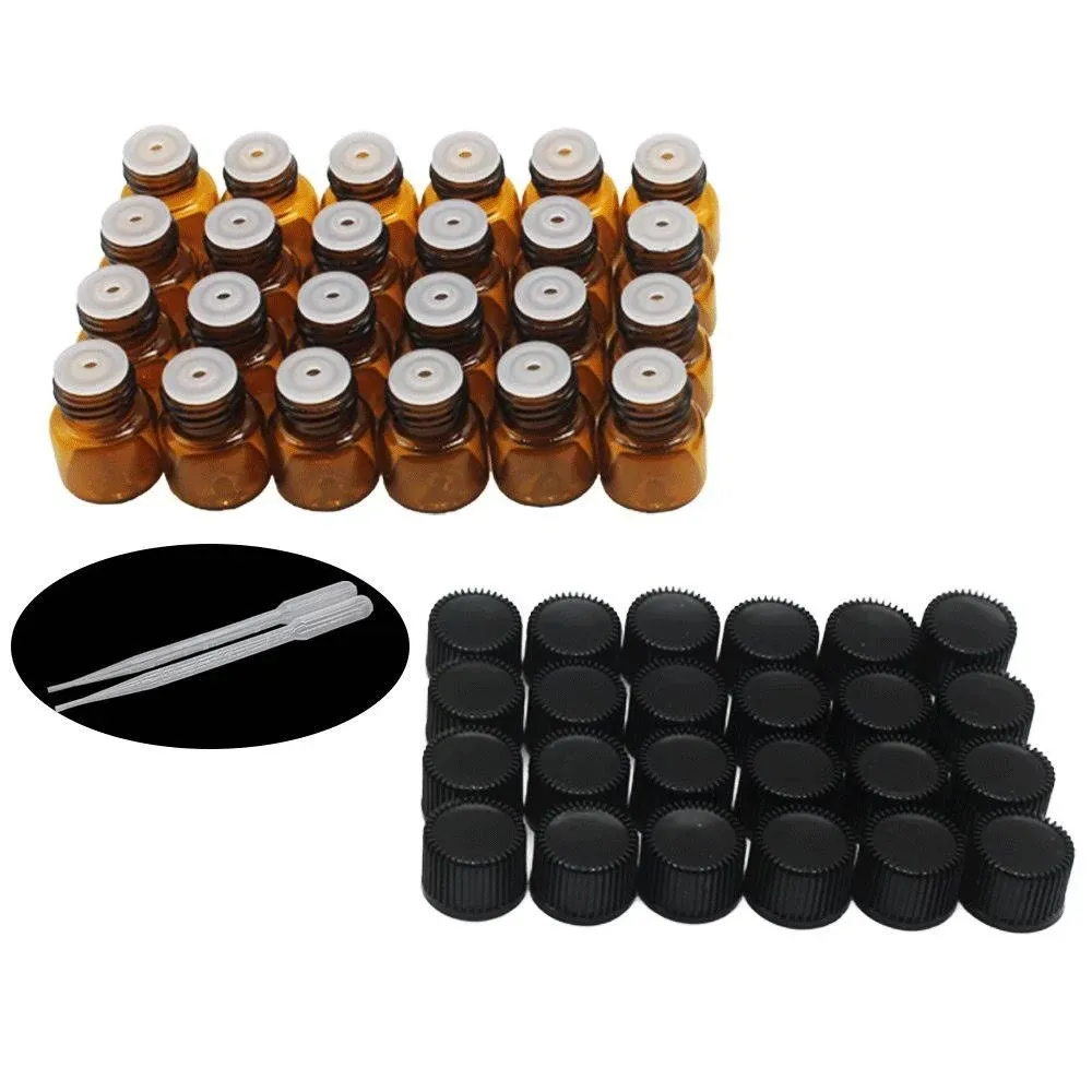 YIZHAO 1ML(1/4 dram) Amber Essential Oils Sample Bottles,Mini glass sample vial with lids, Orifice Reducers, and 2 Transfer Eye droppers-24 Pcs