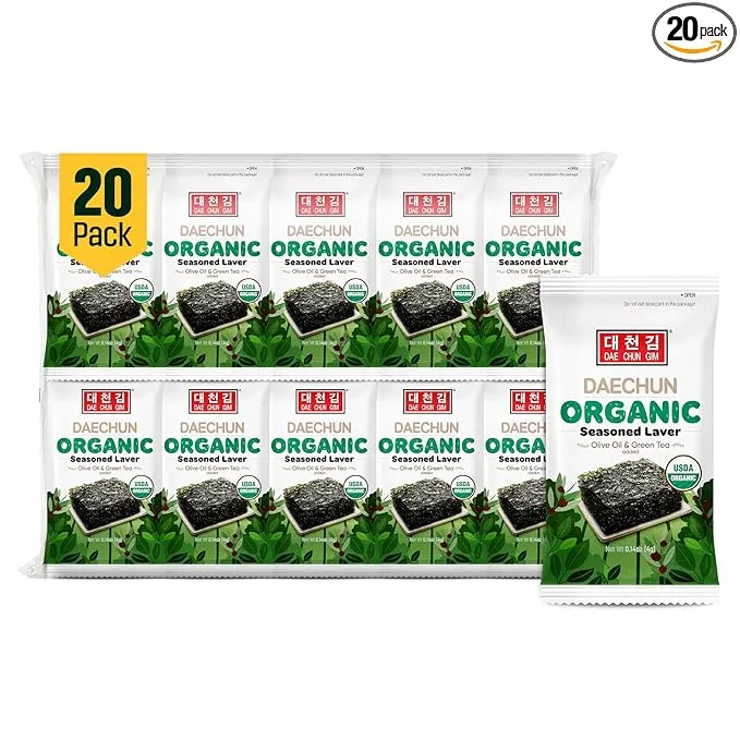 CHOI's 1 Organic Olive Oil & Green Tea Seaweed Snacks /(20 Pack) /Product of Korea/Kimbap, Gimbap, Organic, Organic Olive Oil, Oragnic Sesame Oil, Vegan, Keto, Gluten Free