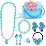 Kids Jewelry Little Girls Plush Handbag Necklace Bracelet Earrings Ring Hair Clips Set, Princess Costume Jewelry Party Favors Gift for Dress up Pretend Play (3-8 Years)