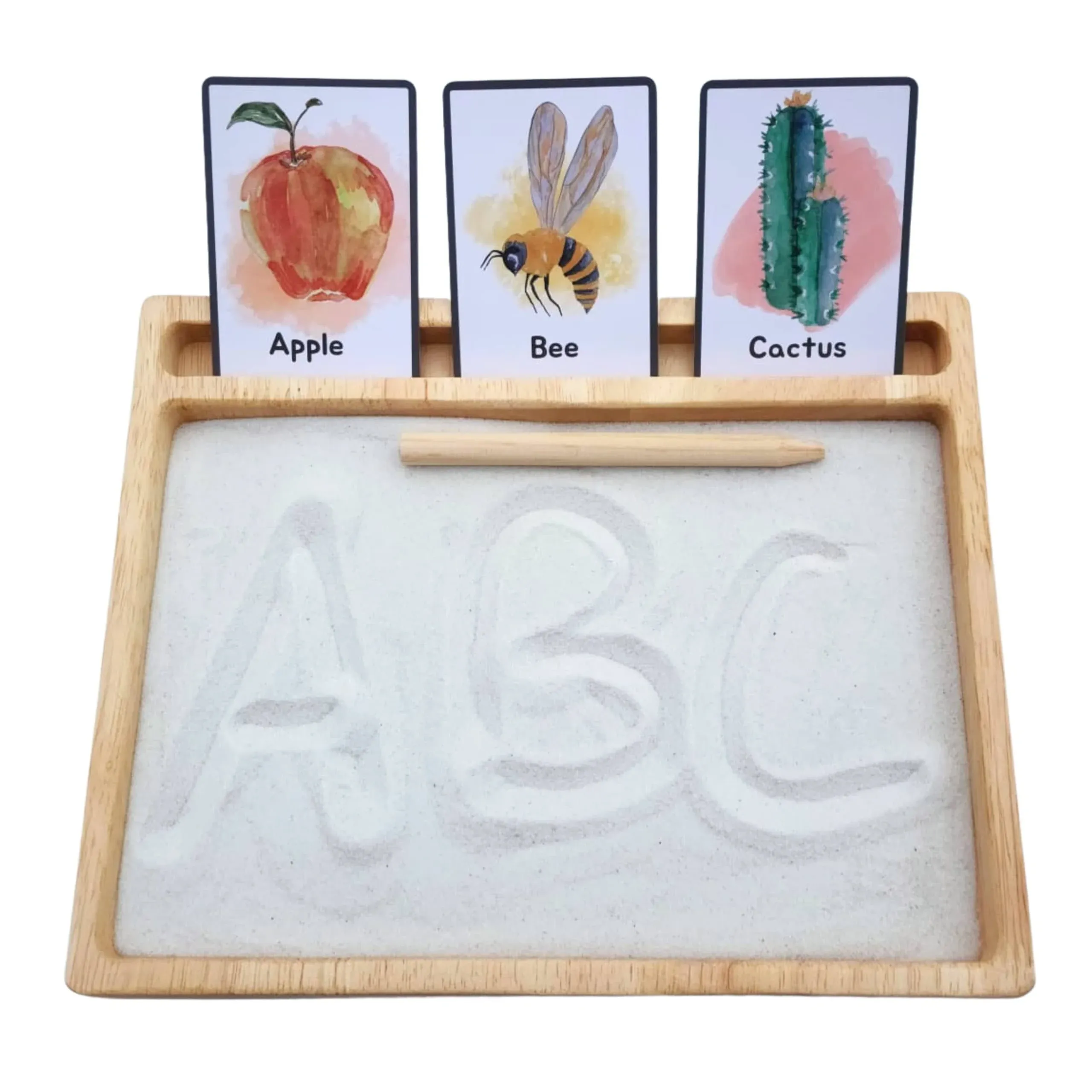 Montessori Sand Tray with Flashcard Holder and Flashcards | Play Sand & Wooden Stylus | Sensory Bin | Tactile & Sensory Toys | Wood Learning and Educational Toys | Montessori Toys | Sensory Tray