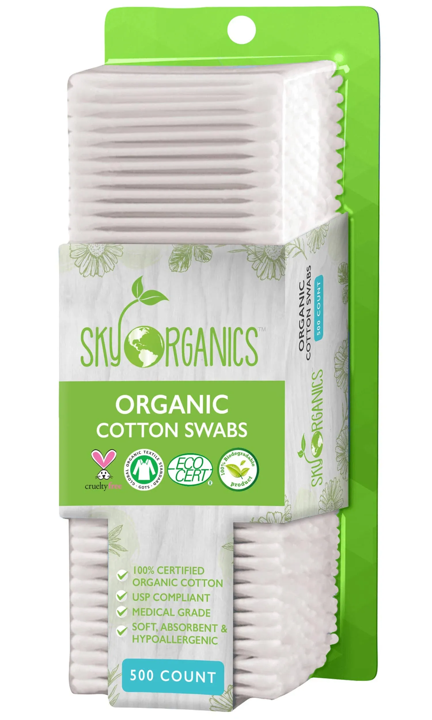 Sky Organics - Organic Cotton Swabs, 500 ct. - Ultra Soft Tips - Strong & Durable - Hypoallergenic - Chlorine Free - Sustainable - with Ebook - Natural, Vegan & Cruelty Free - Skin Care & Self Care