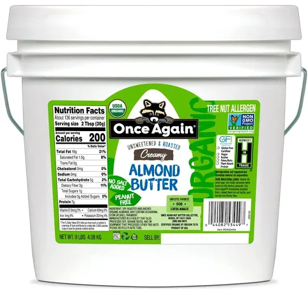 Once Again Organic Creamy Almond Butter, 9lb Bucket (same as 9 jars) - Roasted - Salt Free, Unsweetened - USDA Organic, Gluten Free Certified, Peanut Free, Vegan, Kosher, Paleo