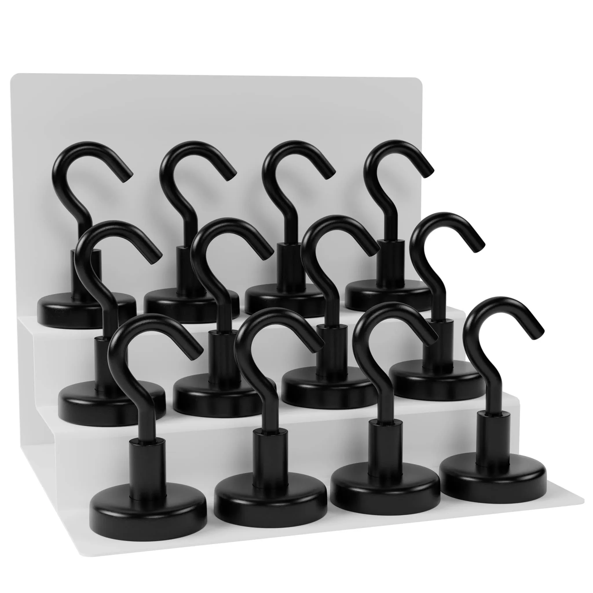 GAUDER Magnetic Hooks | Neodymium Hooks for Fridges and Whiteboards | Black Magnets for Hanging (12 pcs)