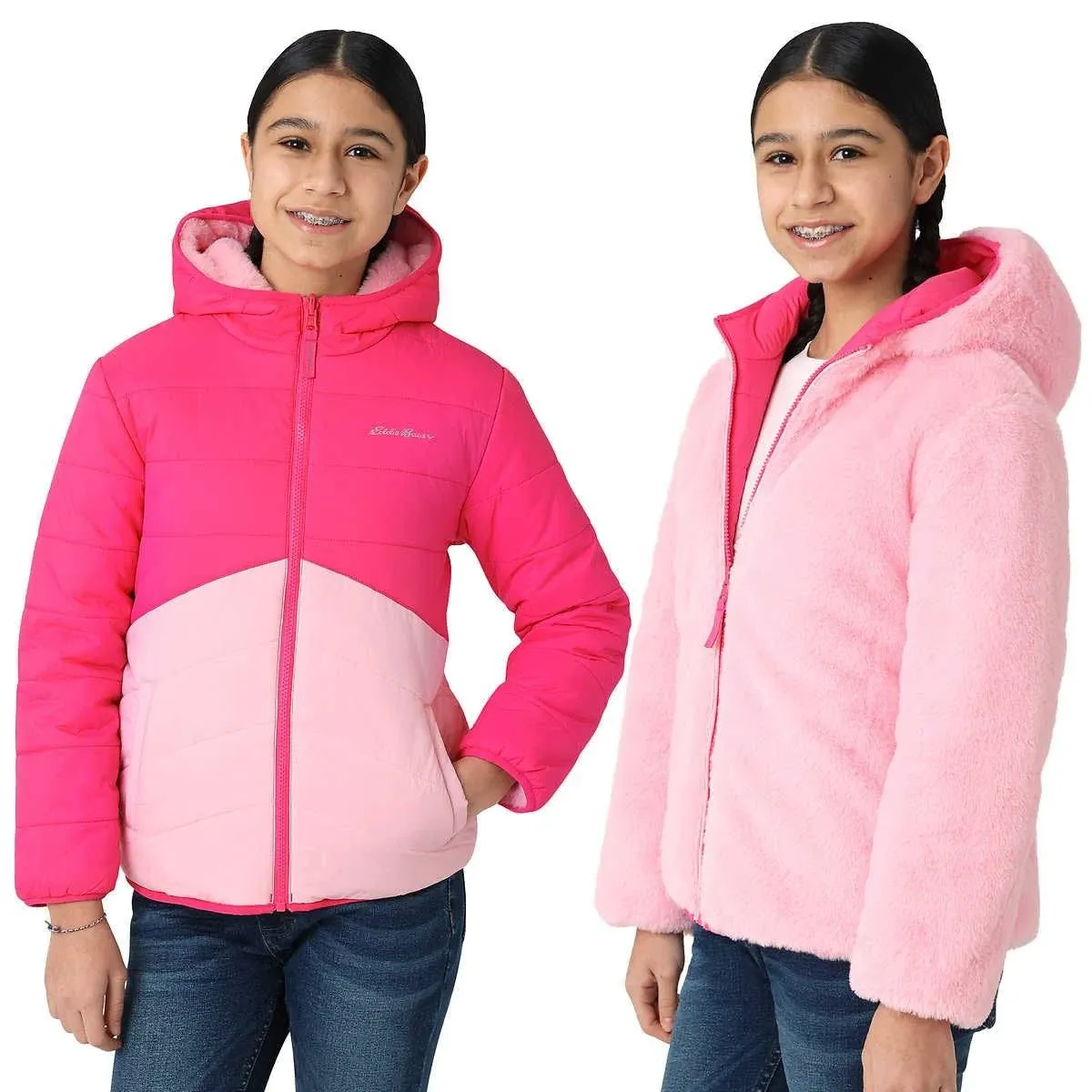 NEW Eddie Bauer Girls&#039; Youth Reversible Plush Hoodie Jacket Pink Large 14 - 16